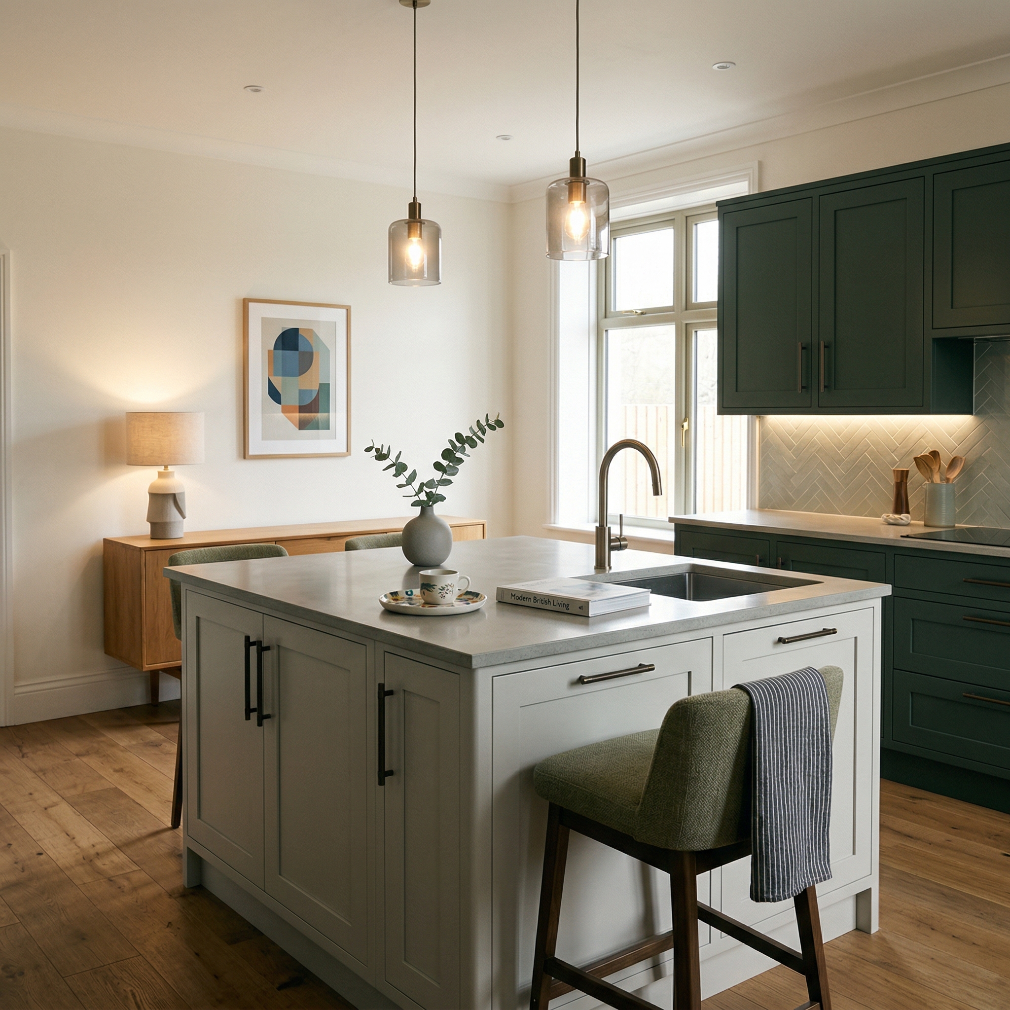 Bespoke kitchen island detail, matt painted handleless slab cabinetry with quality joinery