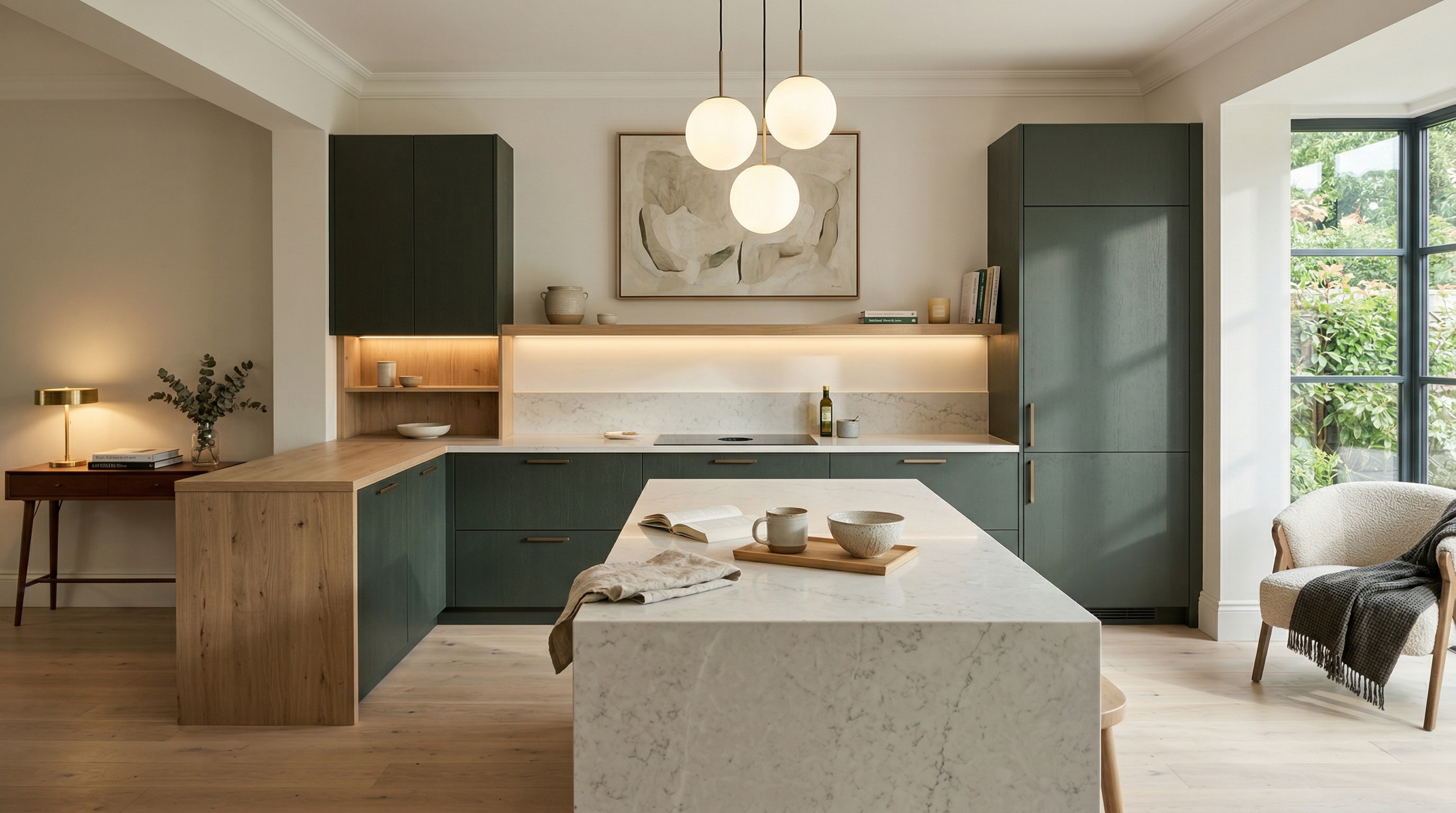 hero_1200x675 Wide view of a newly completed bespoke Mastercraft kitchen, contemporary in-frame cabinetry in sage green tones