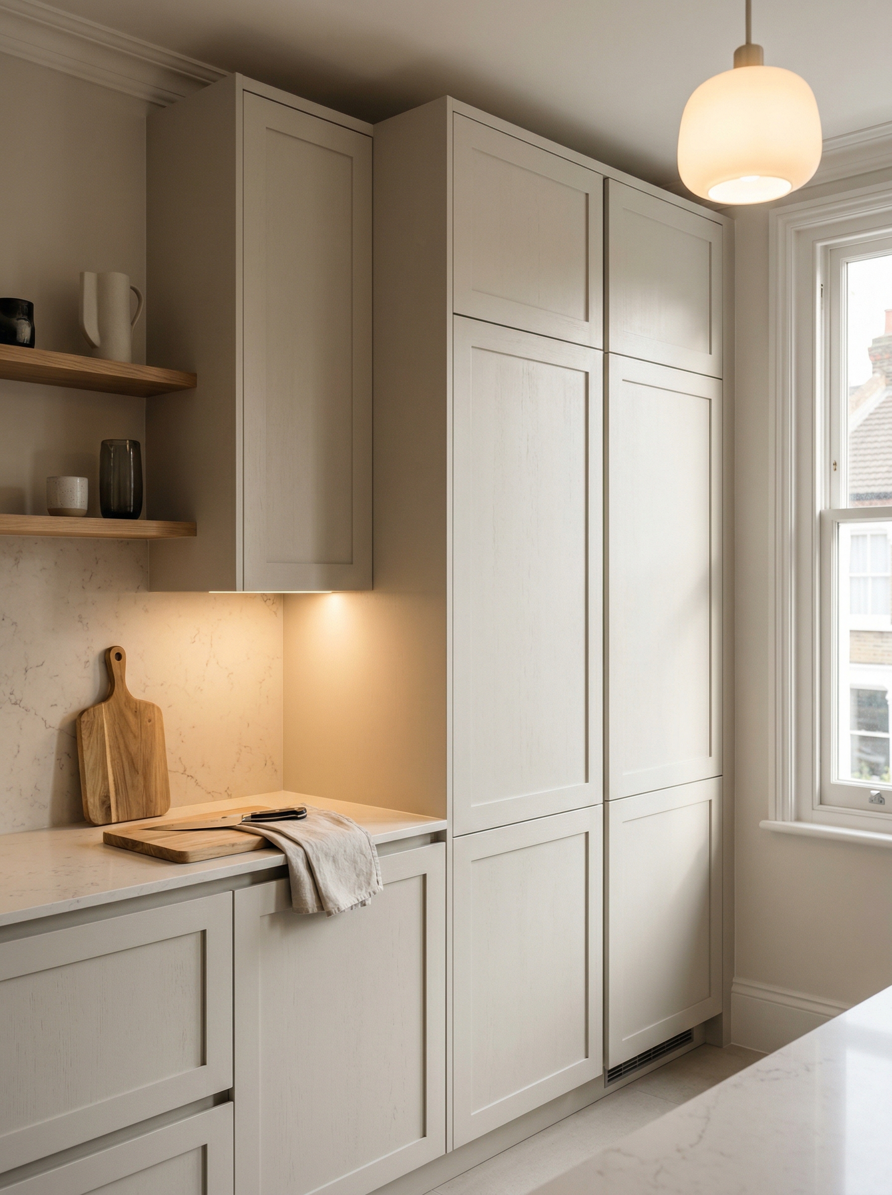 Tall view of full-height bespoke kitchen cabinetry, contemporary in-frame cabinetry