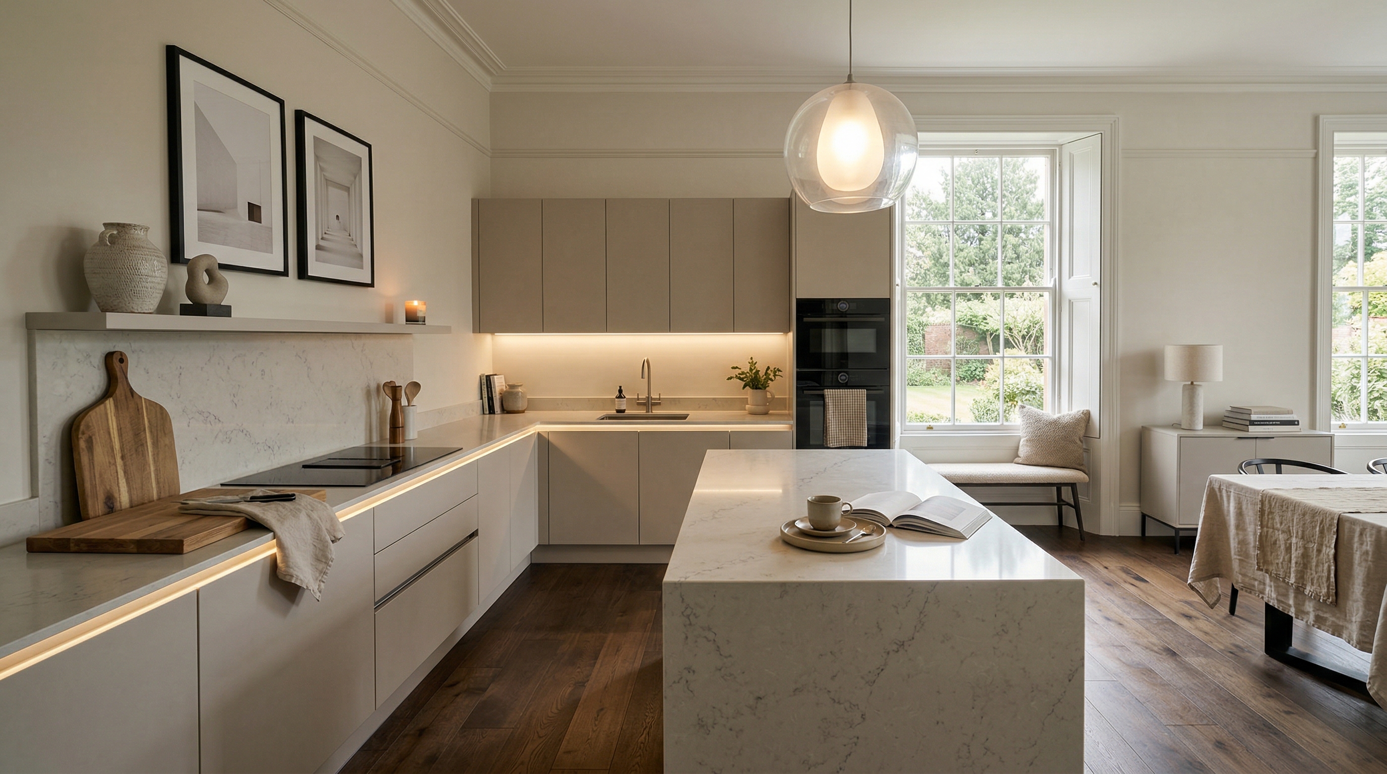 Wide view of a newly completed bespoke Mastercraft kitchen, matt painted handleless slab cabinetry in porcelain tones