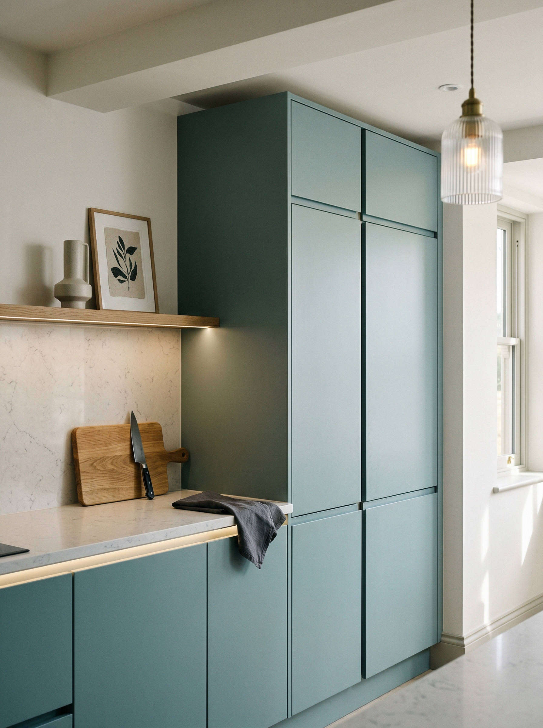 Tall view of full-height bespoke kitchen cabinetry, matt painted handleless slab cabinetry