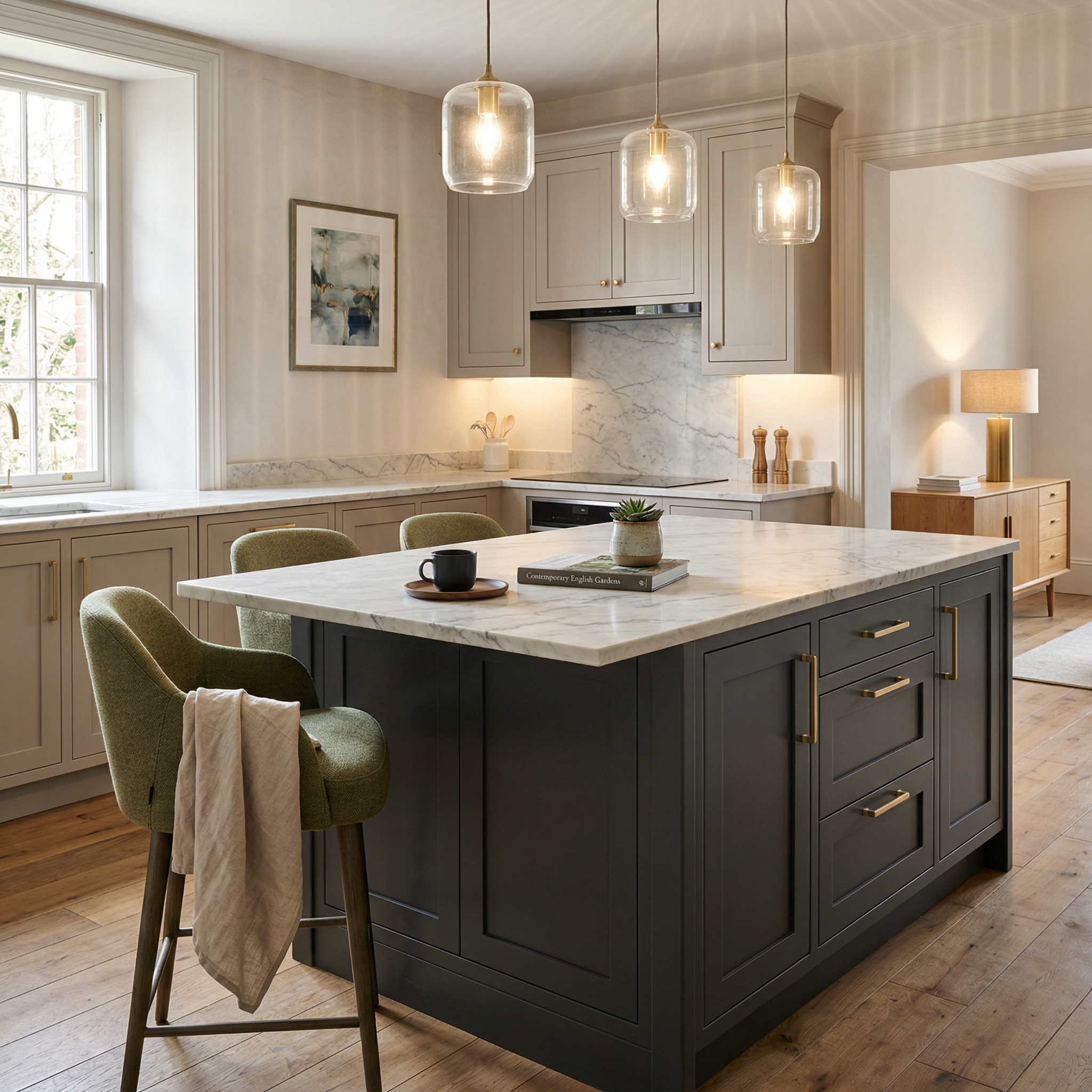 Bespoke kitchen island detail, matt painted handleless slab cabinetry with quality joinery
