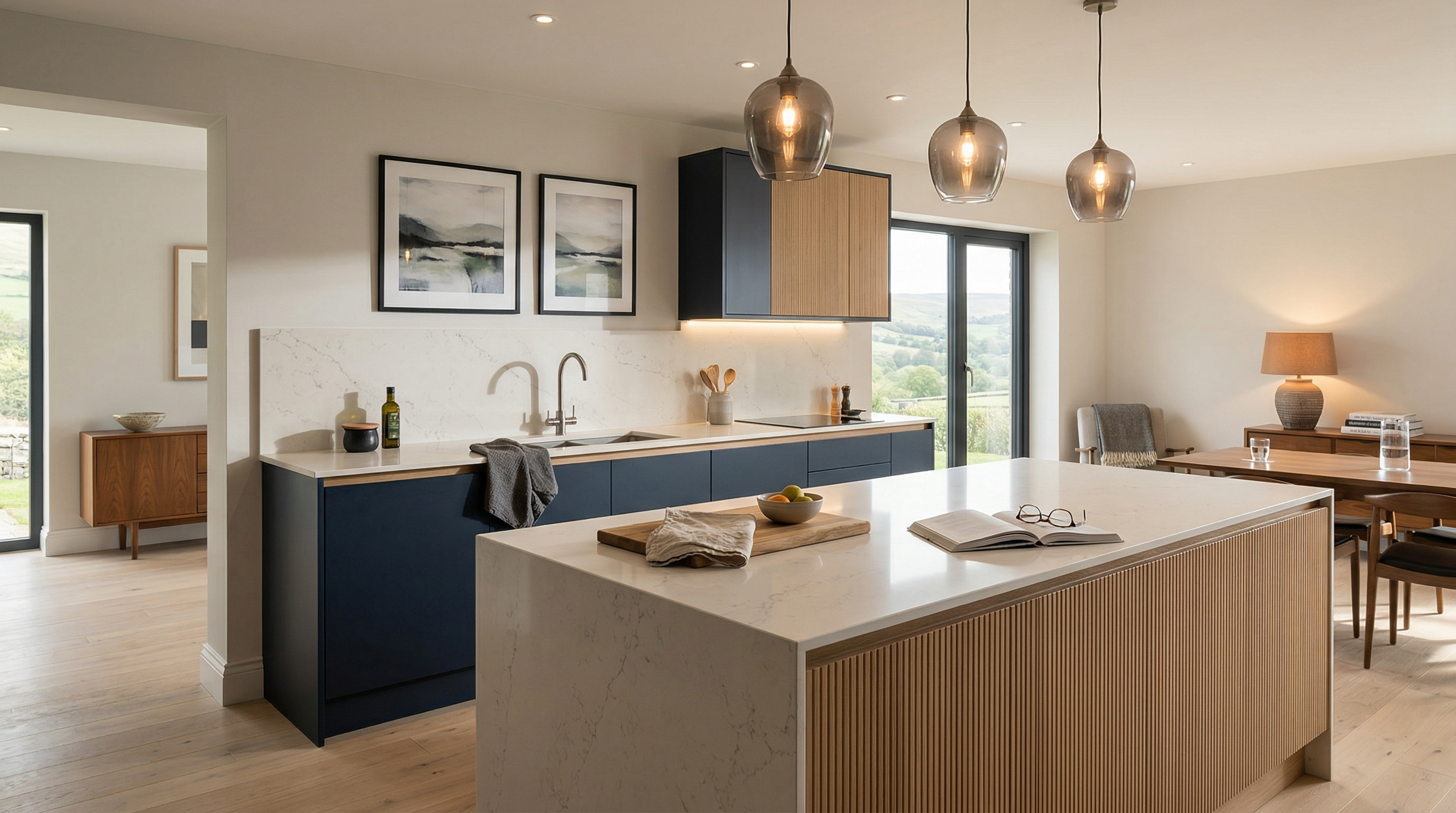 Mastercraft bespoke kitchen in Brynmawr, wide architectural view showing room volume and design quality