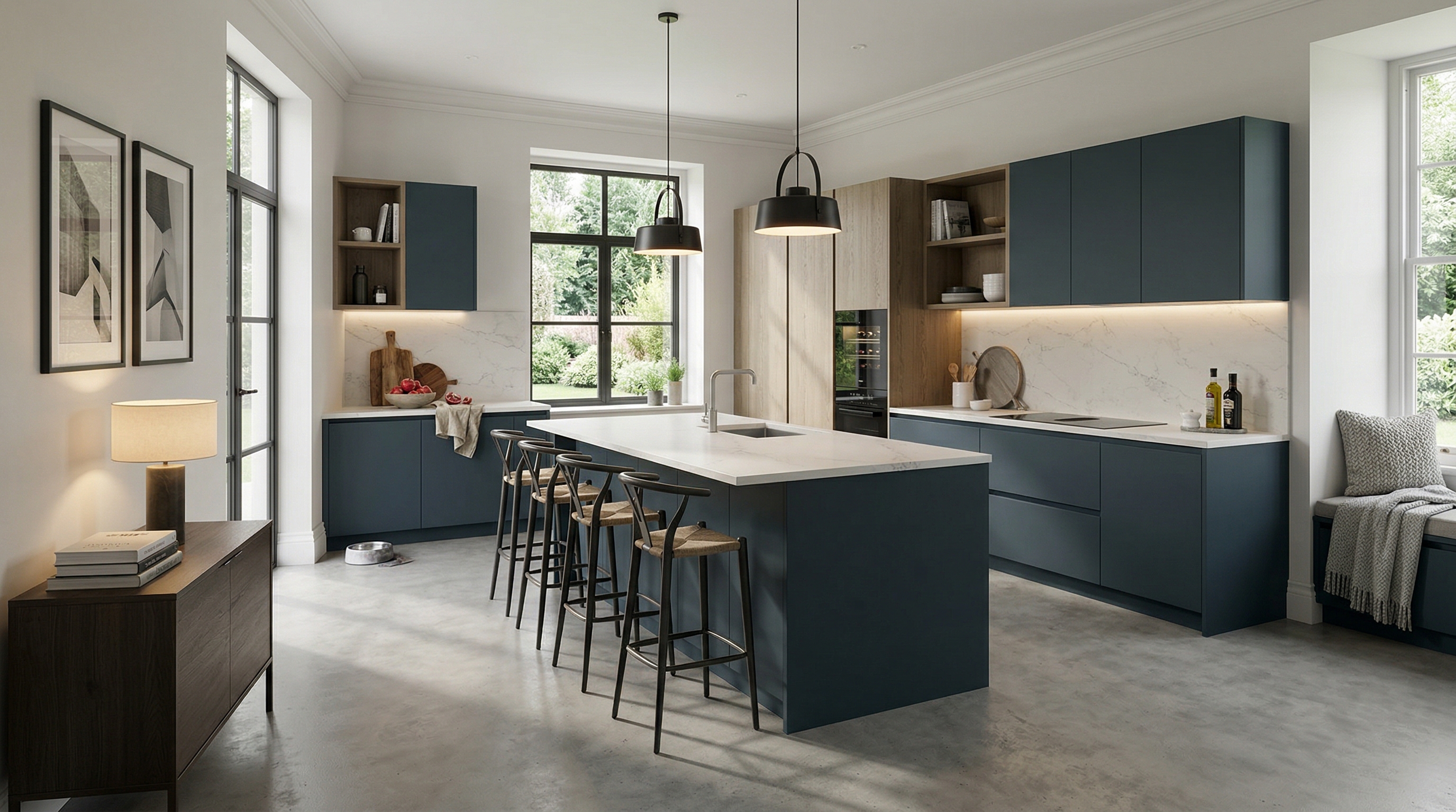 Wide view of a newly completed bespoke Mastercraft kitchen, contemporary in-frame cabinetry in dust grey tones