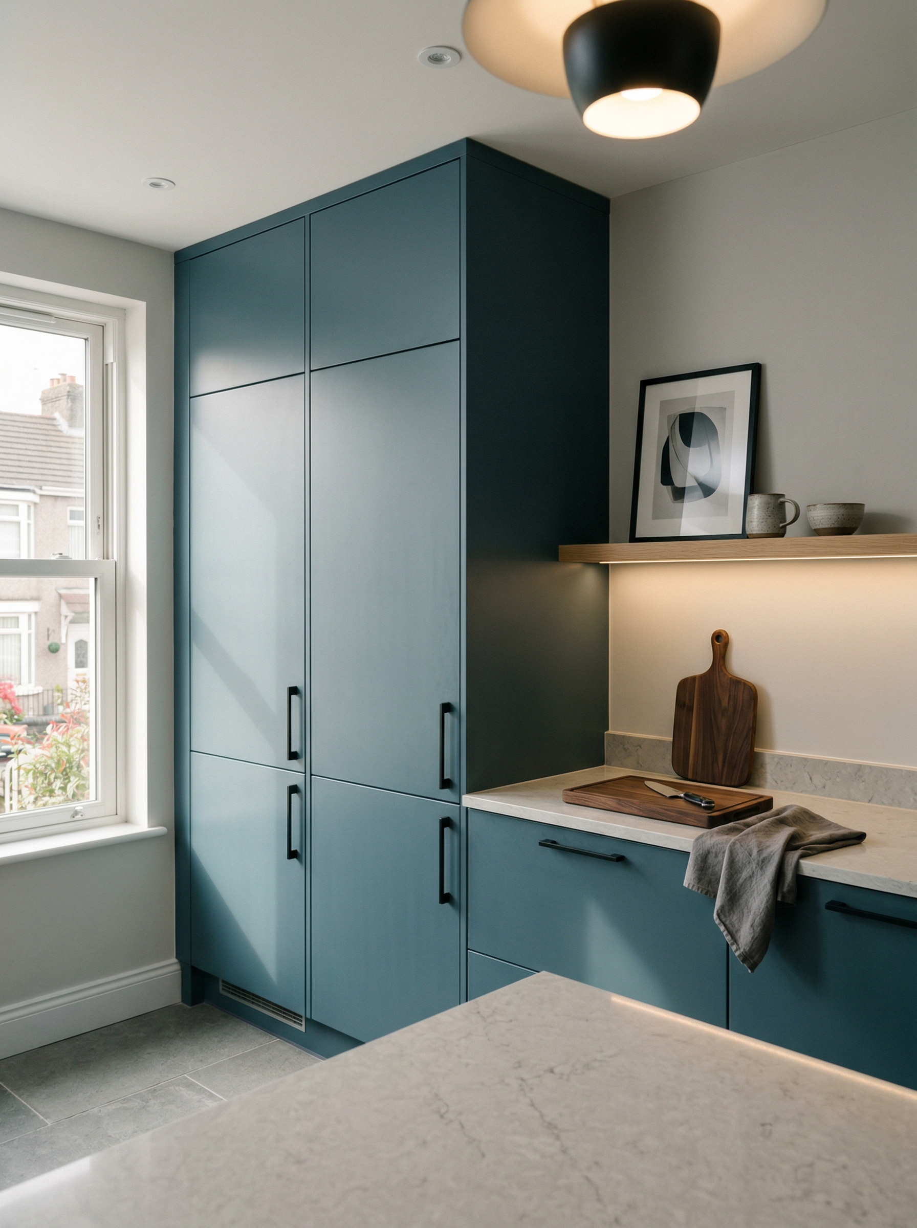 Tall view of full-height bespoke kitchen cabinetry, contemporary in-frame cabinetry