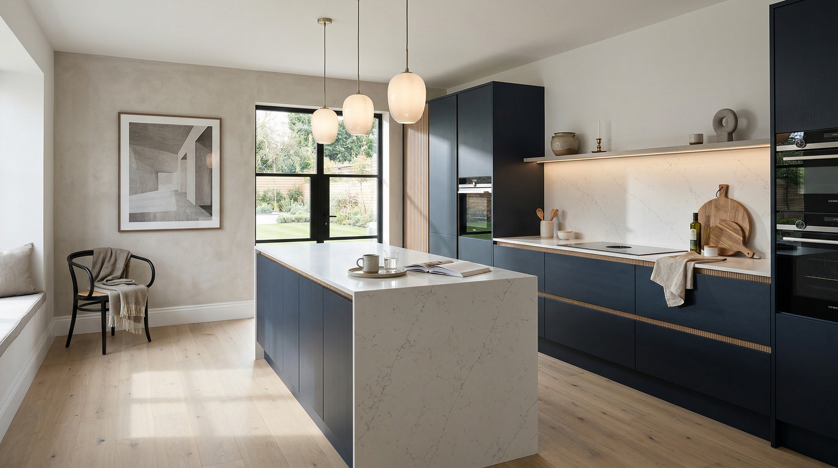 Mastercraft bespoke kitchen in Burnham-on-Sea, wide architectural view showing room volume and design quality