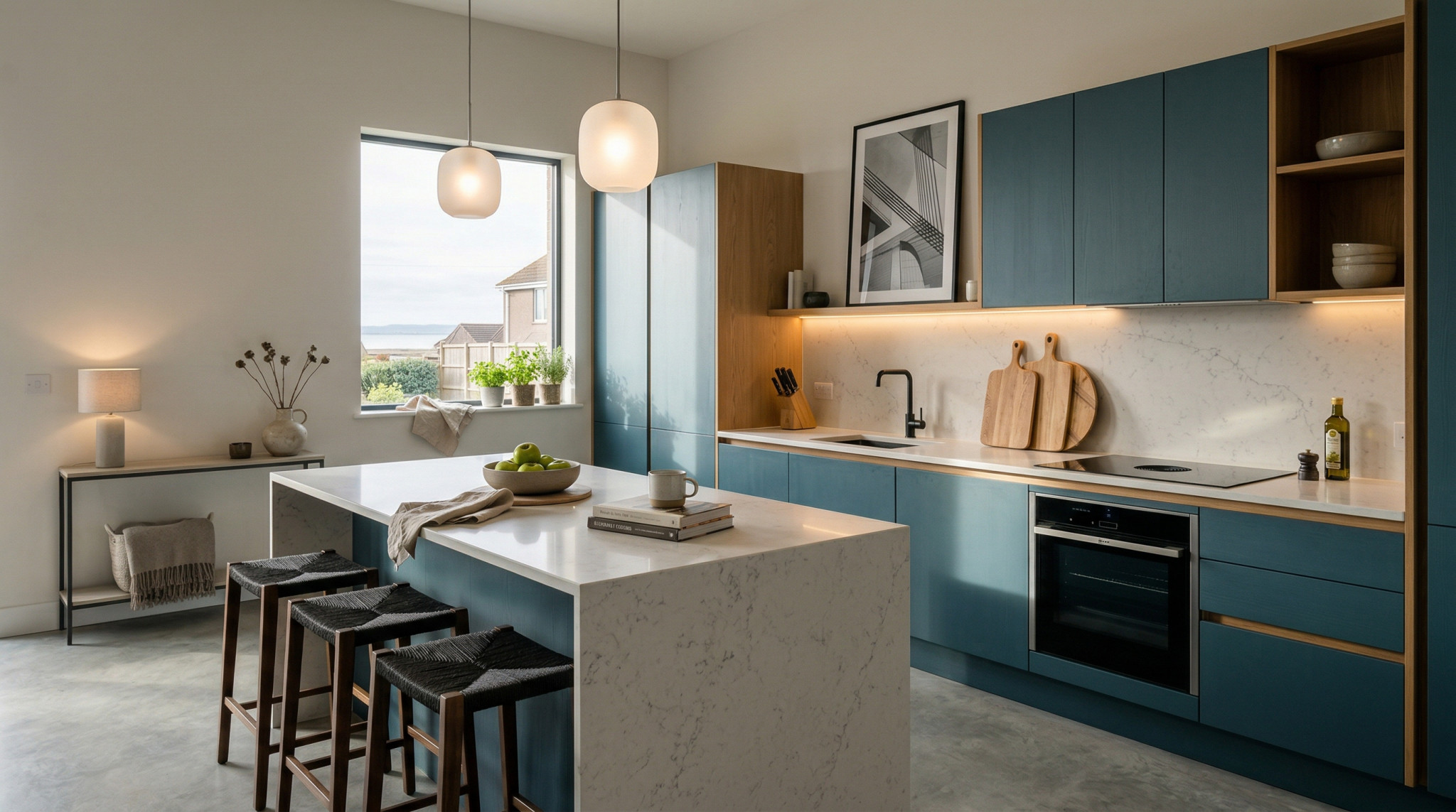 Wide view of a newly completed bespoke Mastercraft kitchen, modern shaker cabinetry in deep forest tones