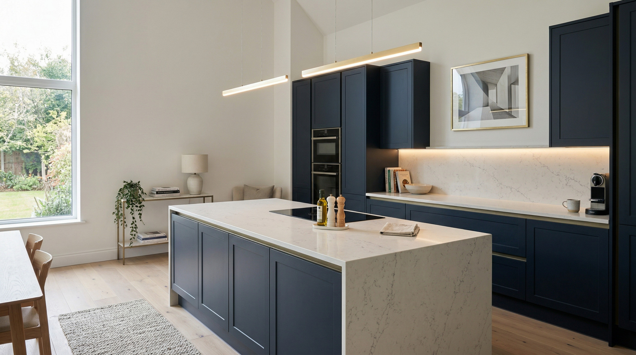 Wide view of a newly completed bespoke Mastercraft kitchen, matt painted handleless slab cabinetry in heritage green tones