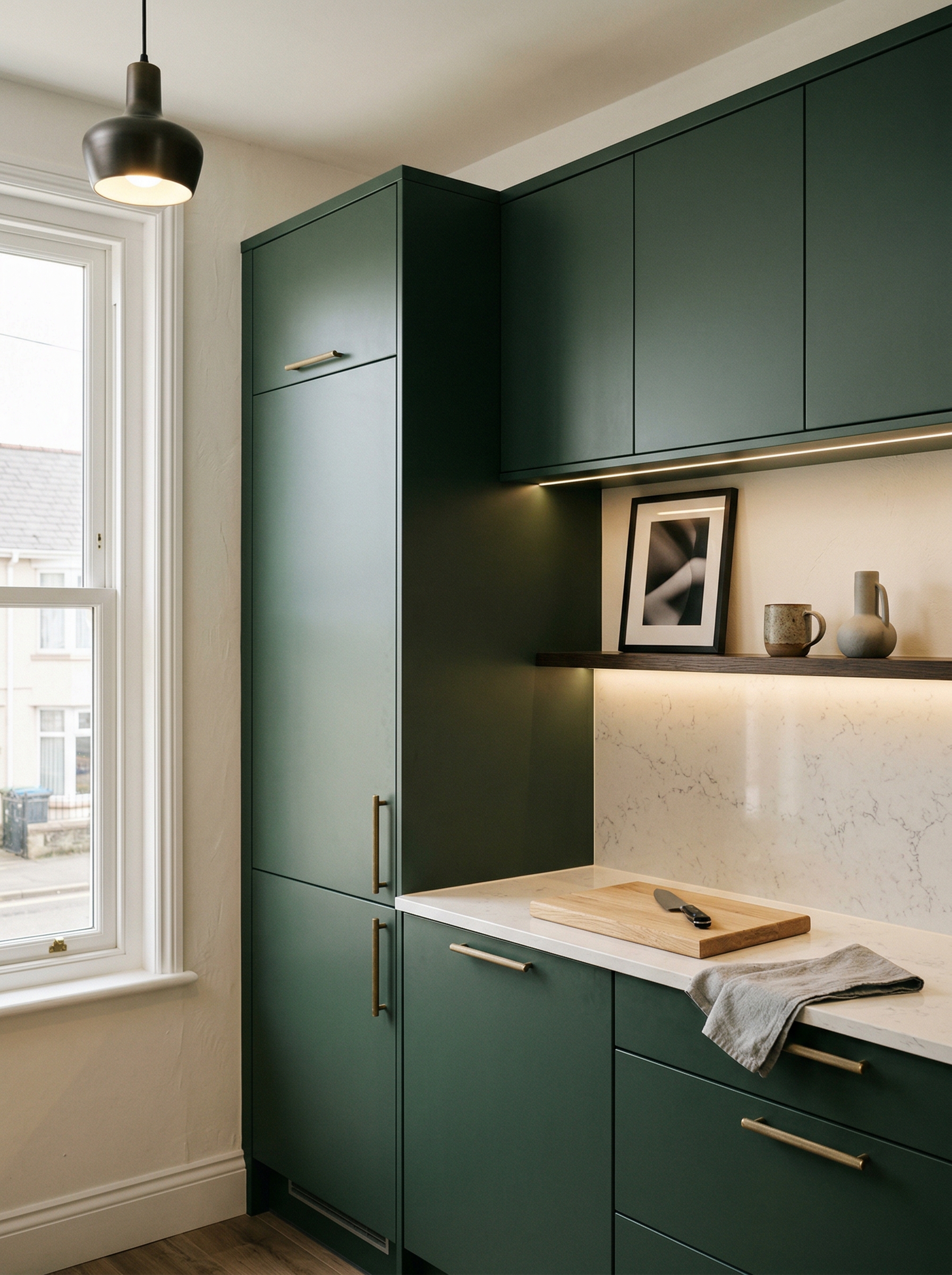 portrait1_600x800 Tall view of full-height bespoke kitchen cabinetry, matt painted handleless slab cabinetry