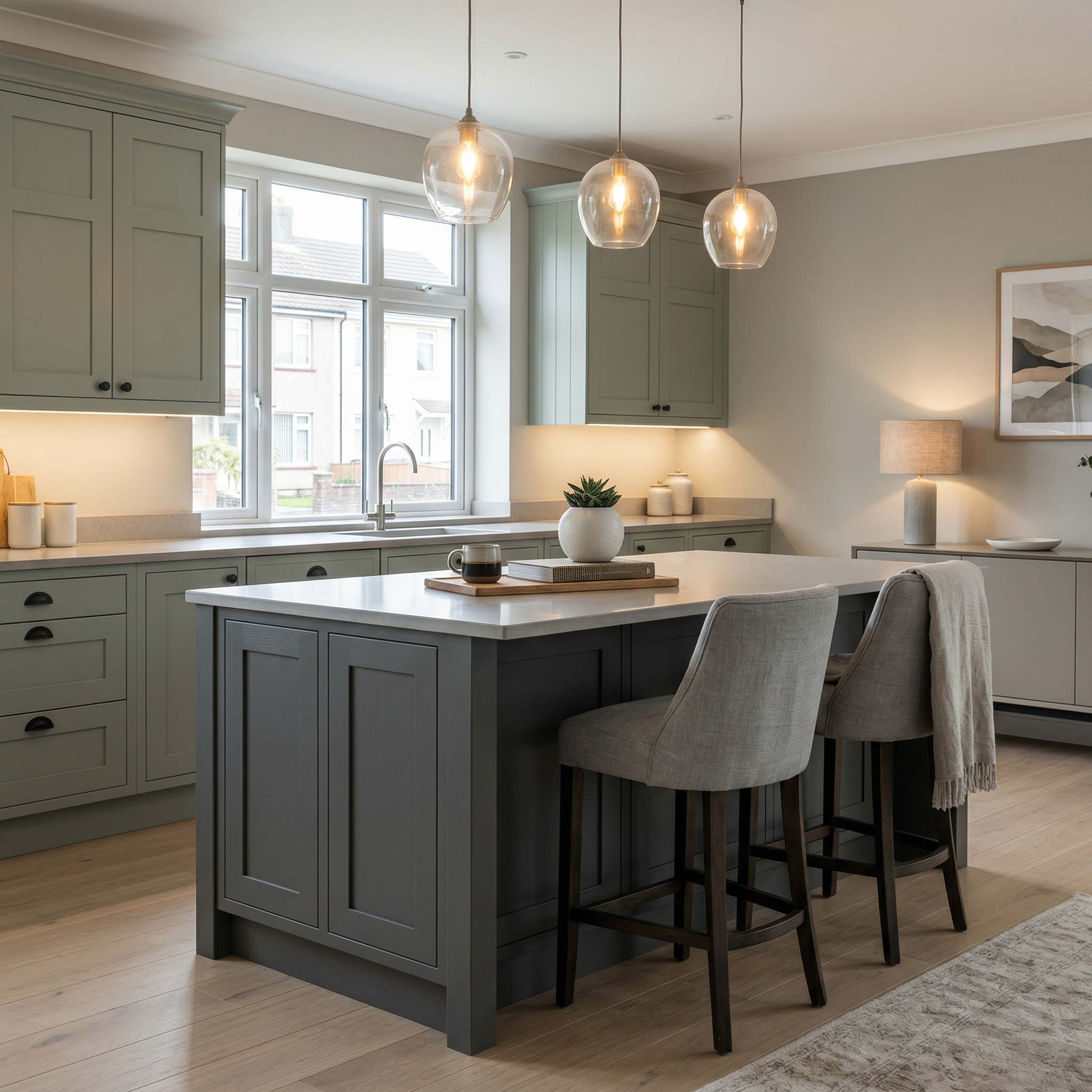 Bespoke kitchen island detail, matt painted handleless slab cabinetry with quality joinery