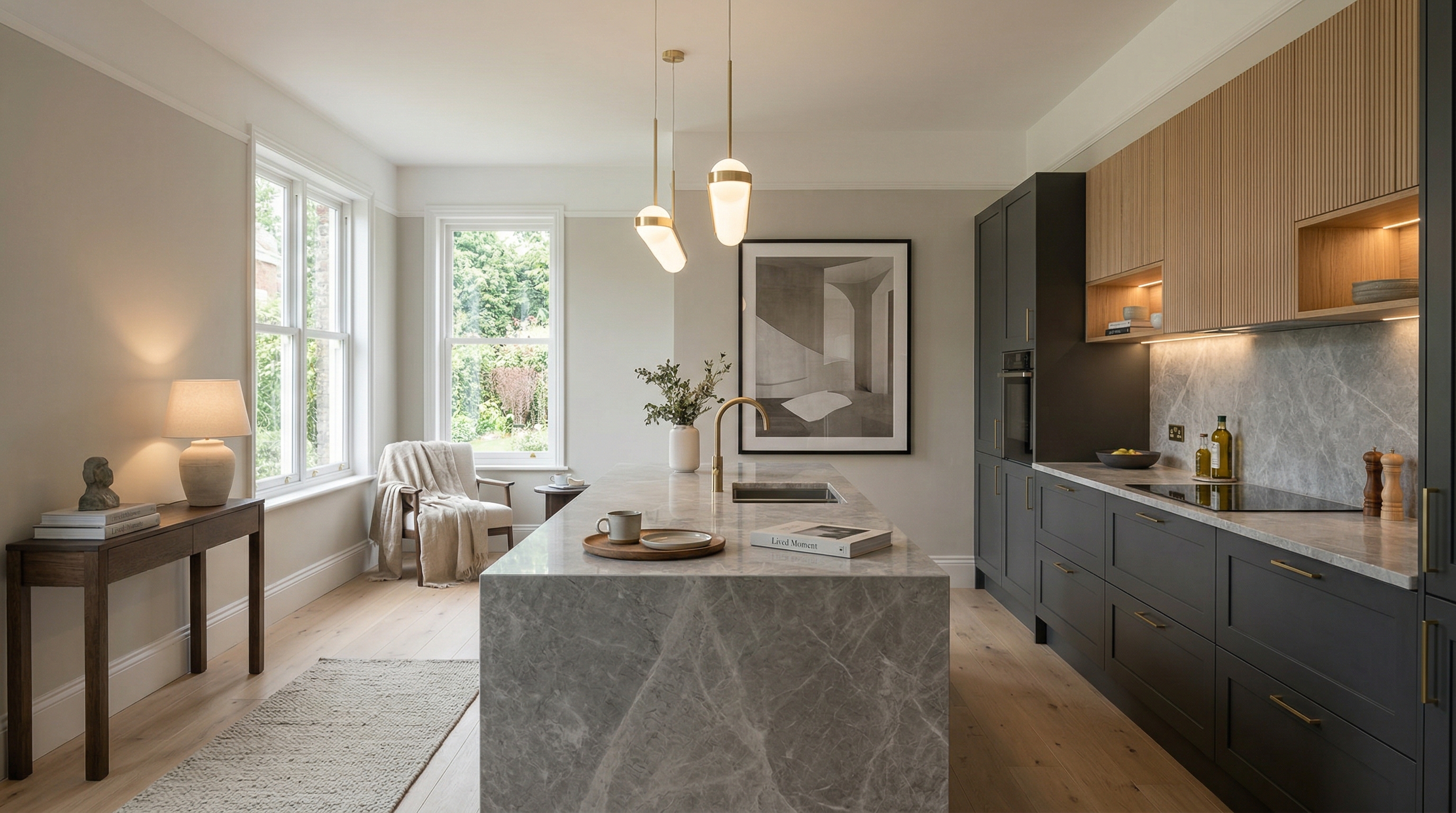 hero_1200x675 Wide view of a newly completed bespoke Mastercraft kitchen, matt painted handleless slab cabinetry in stone tones