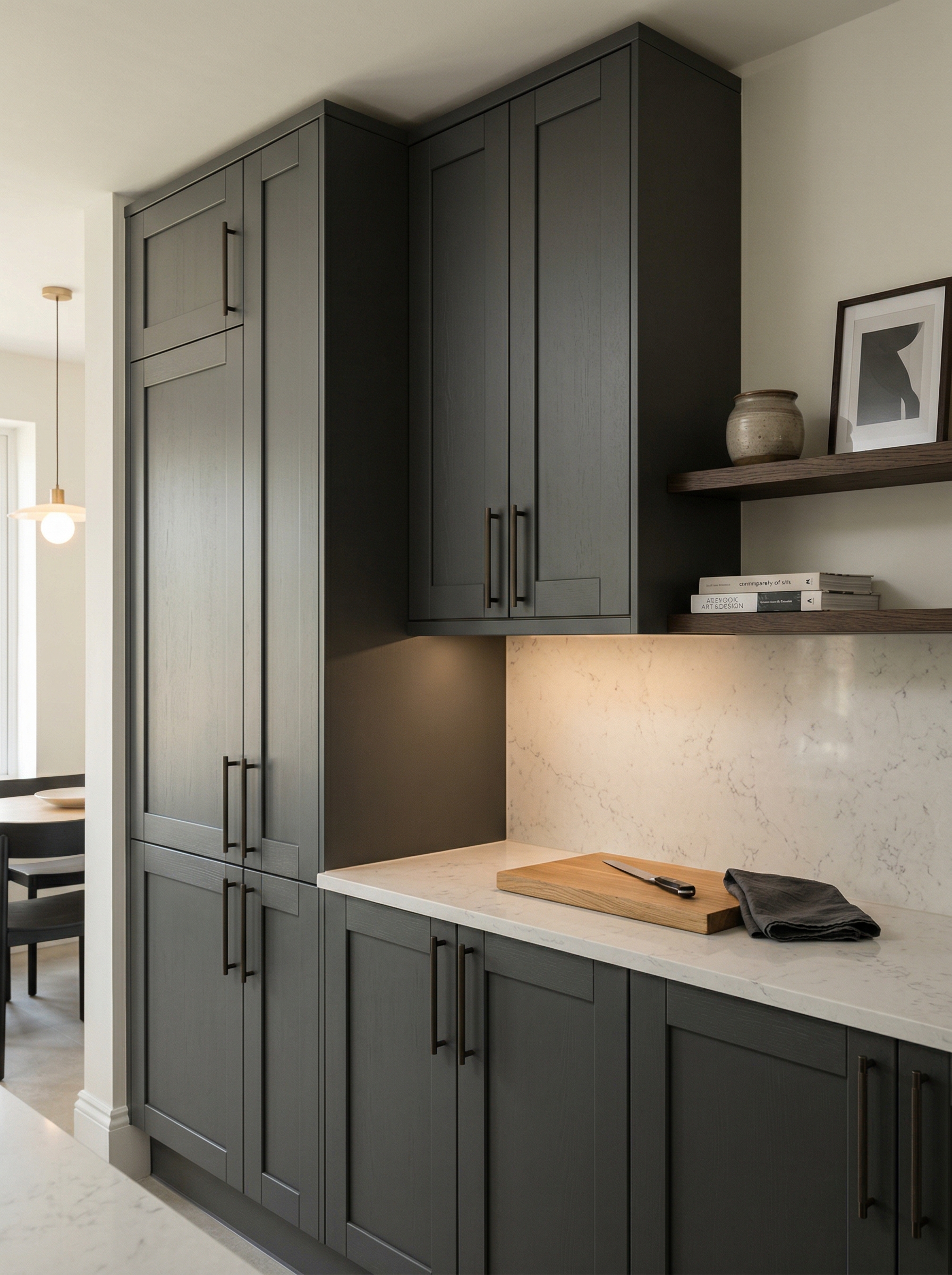 portrait1_600x800 Tall view of full-height bespoke kitchen cabinetry, matt painted handleless slab cabinetry