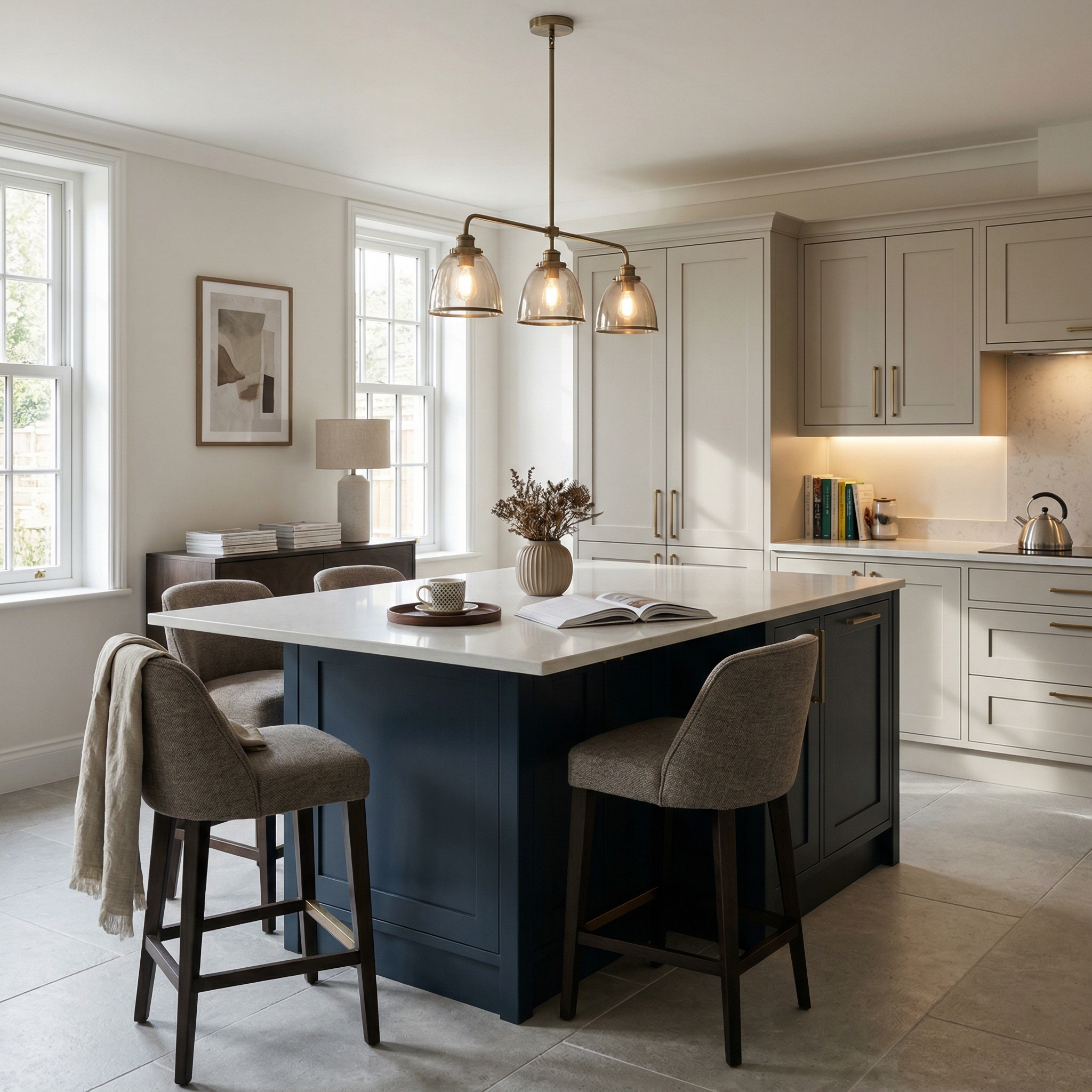 Bespoke kitchen island detail, matt painted handleless slab cabinetry with quality joinery