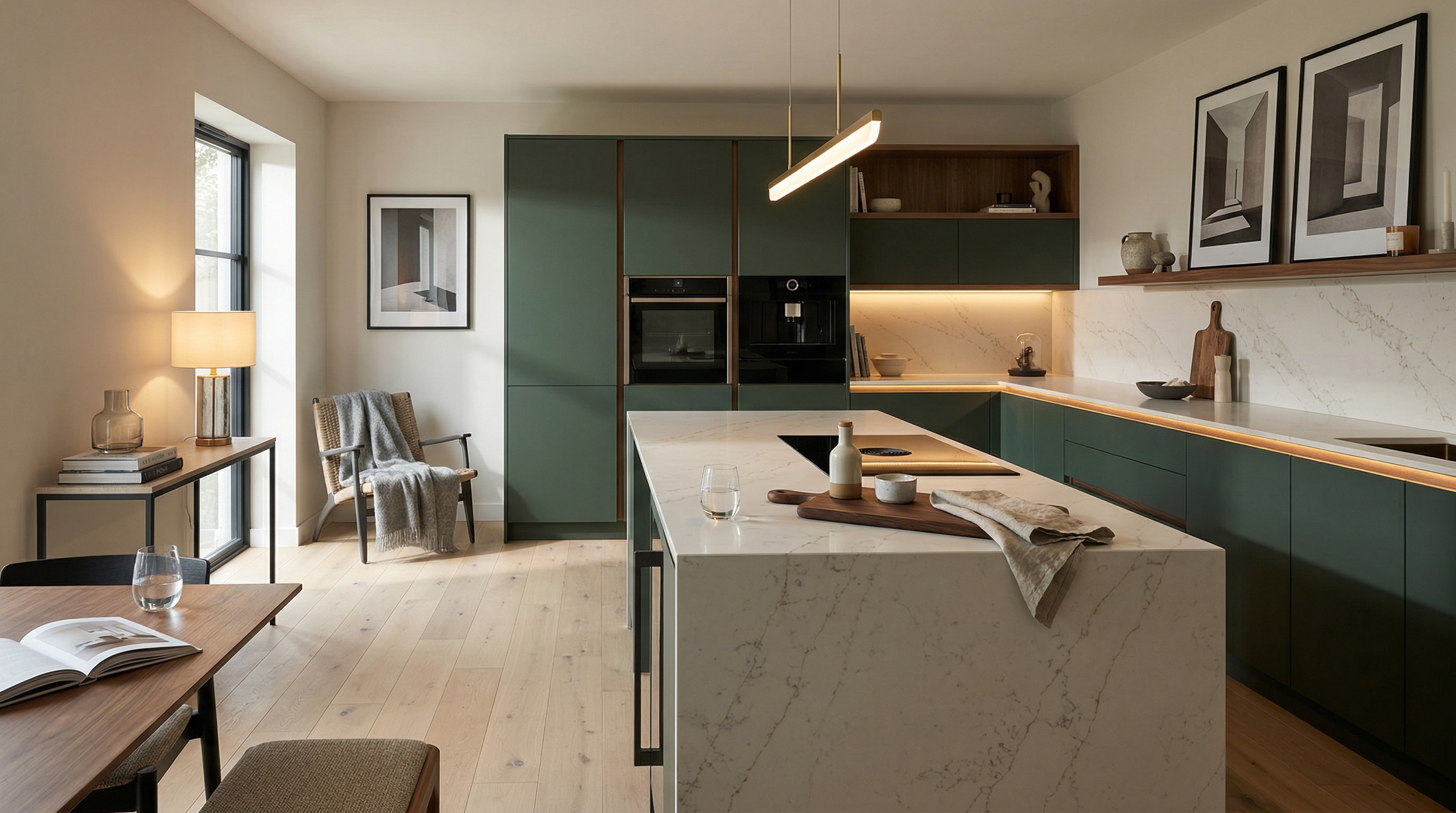 Mastercraft bespoke kitchen in Caerphilly, wide architectural view showing room volume and design quality