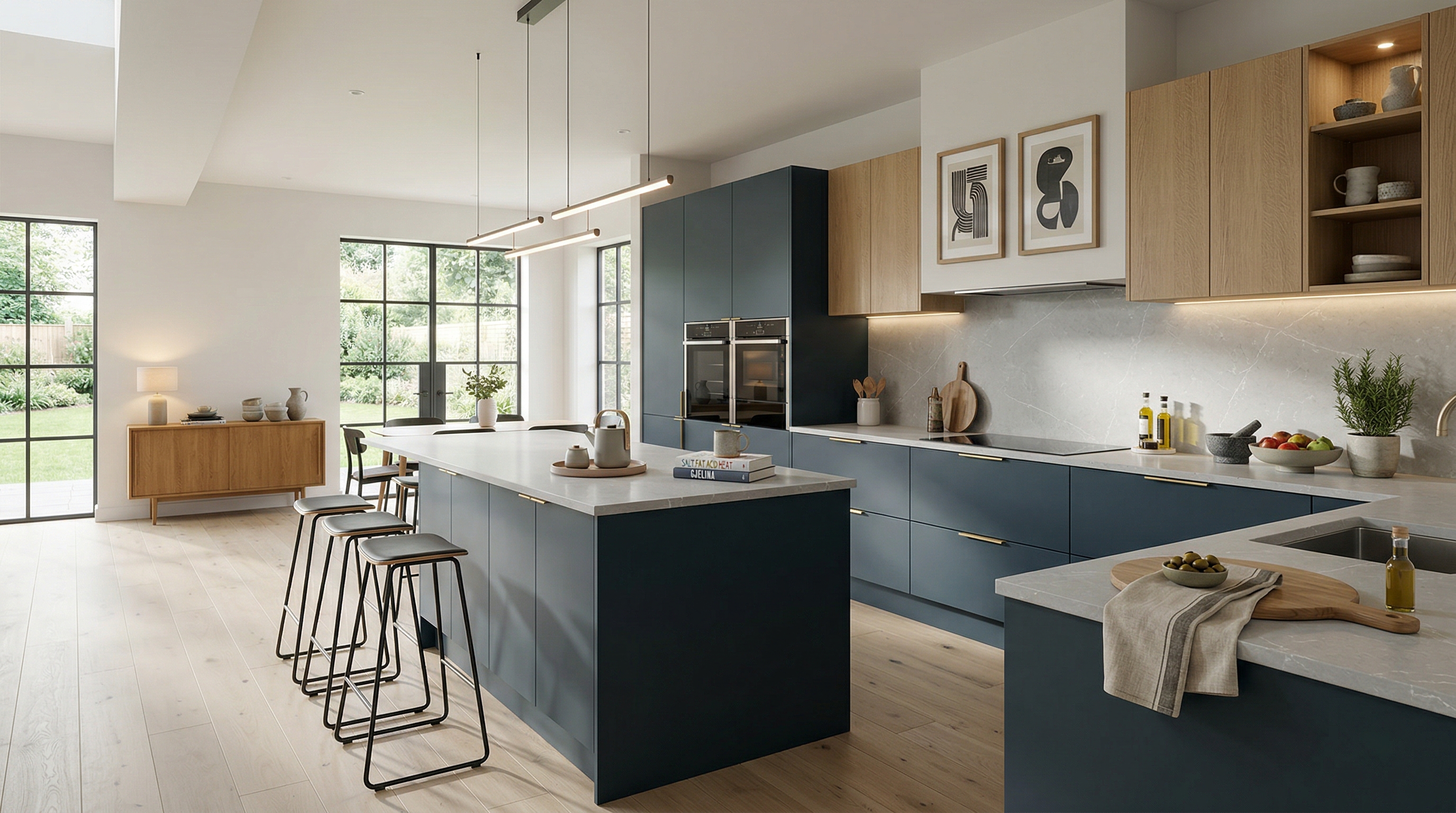 Wide view of a newly completed bespoke Mastercraft kitchen, matt painted handleless slab cabinetry in indigo tones