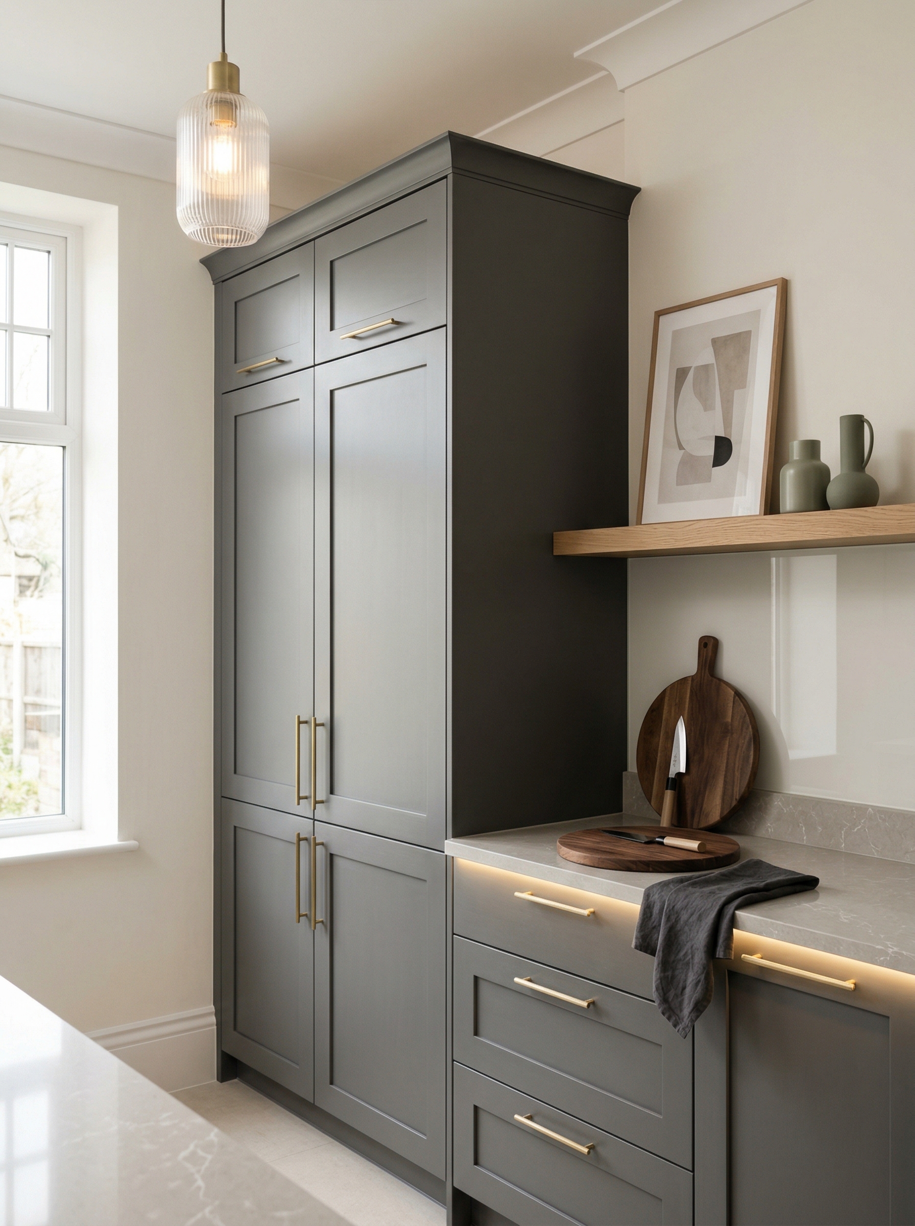 Tall view of full-height bespoke kitchen cabinetry, matt painted handleless slab cabinetry