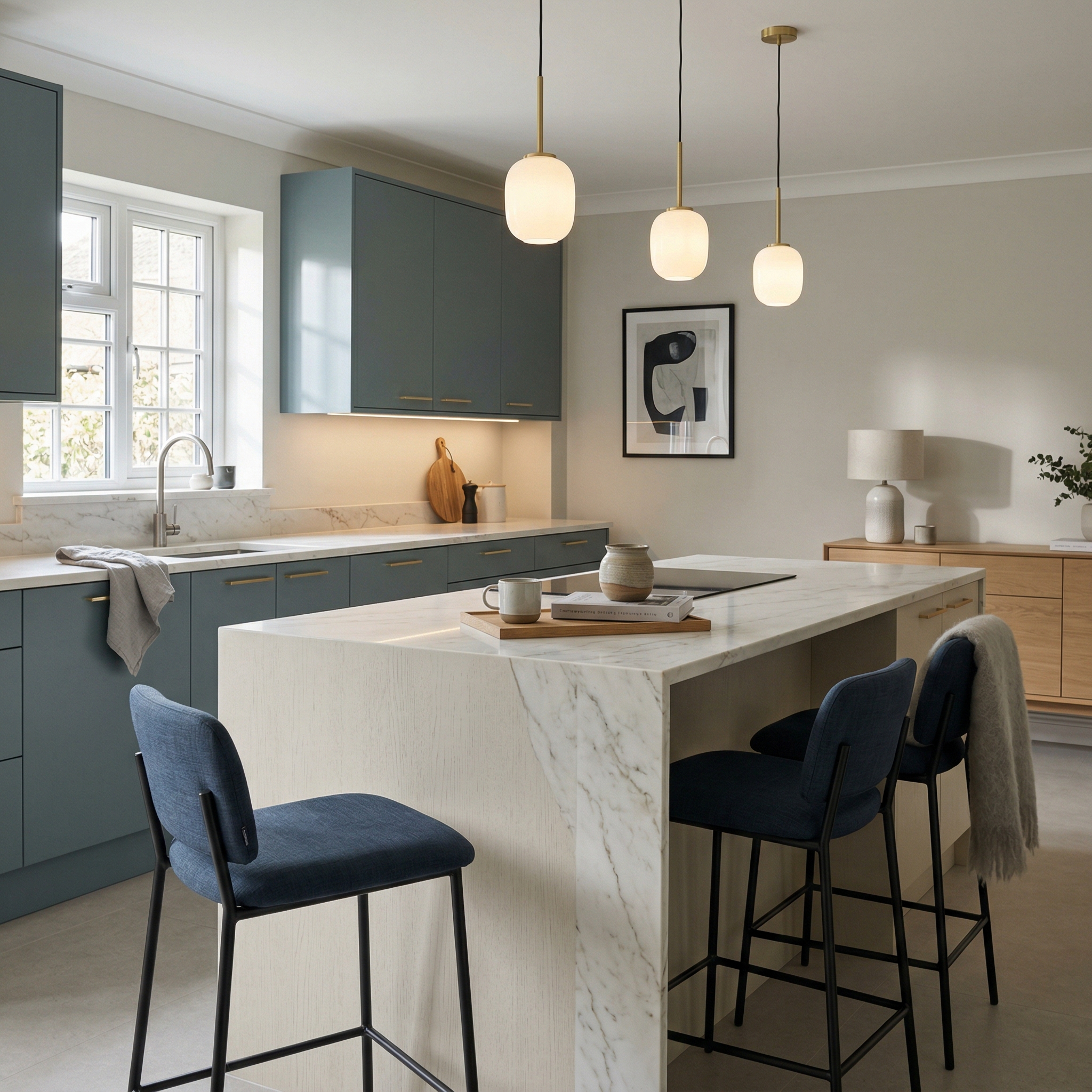 Bespoke kitchen island detail, matt painted handleless slab cabinetry with quality joinery