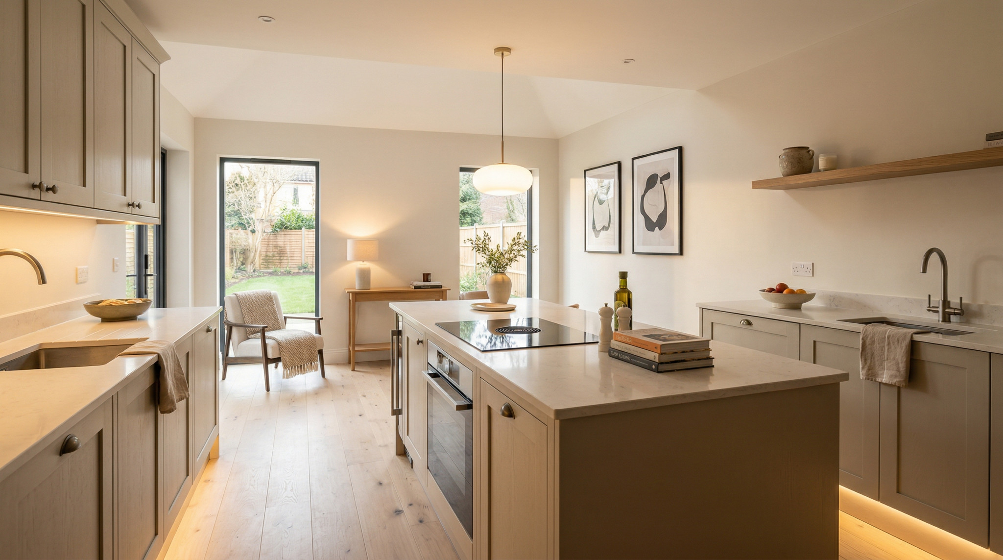 Wide view of a newly completed bespoke Mastercraft kitchen, contemporary painted lay-on cabinetry in cardamom tones