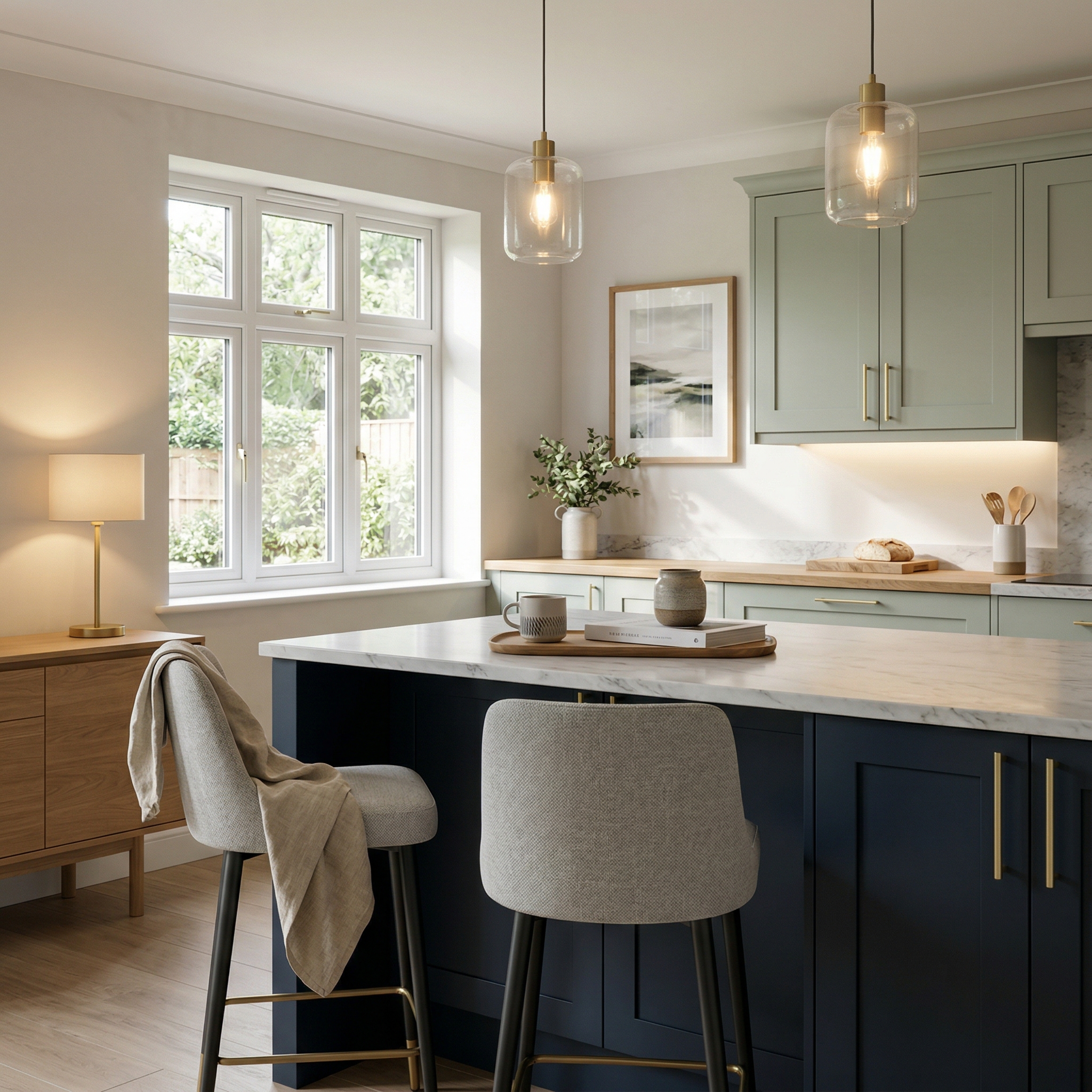 Bespoke kitchen island detail, contemporary painted lay-on cabinetry with quality joinery