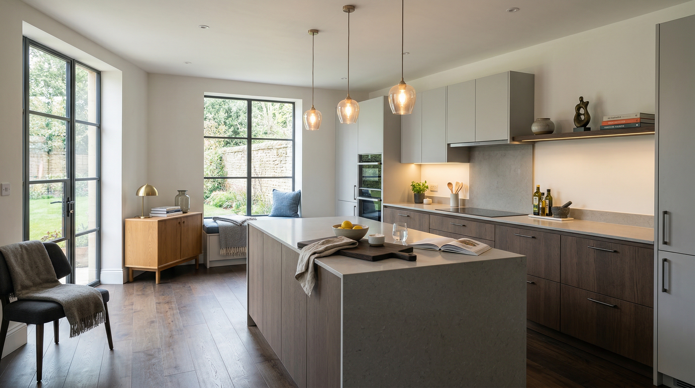 Mastercraft bespoke kitchen in Calne, wide architectural view showing room volume and design quality