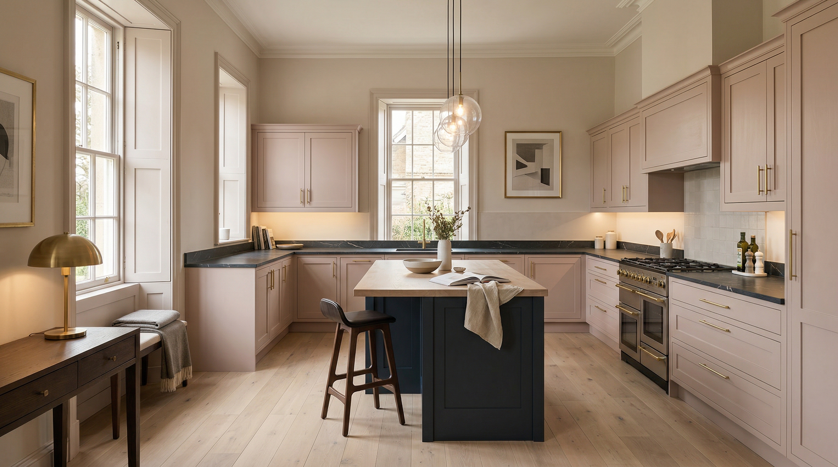 hero_1200x675 Wide view of a newly completed bespoke Mastercraft kitchen, timber veneer slab-door cabinetry in cannon black tones