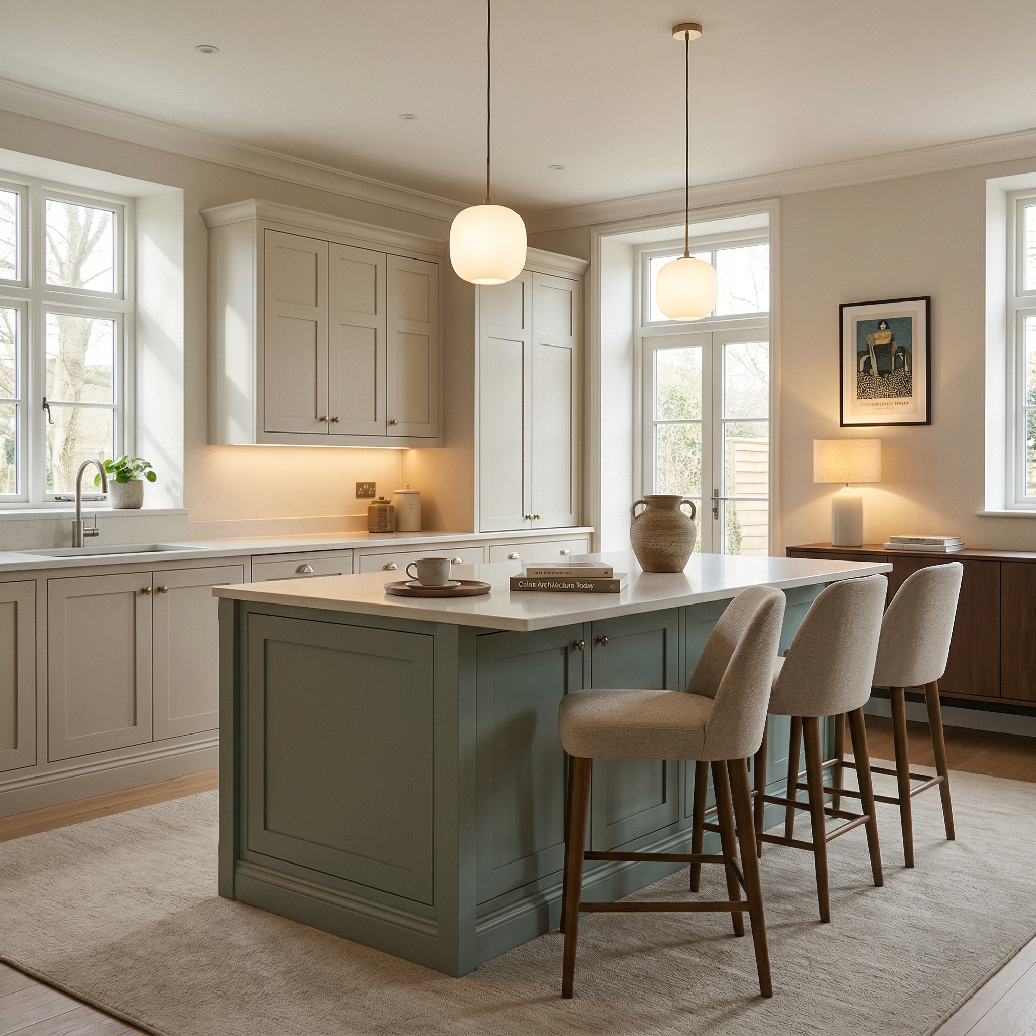 Bespoke kitchen island detail, timber veneer slab-door cabinetry with quality joinery