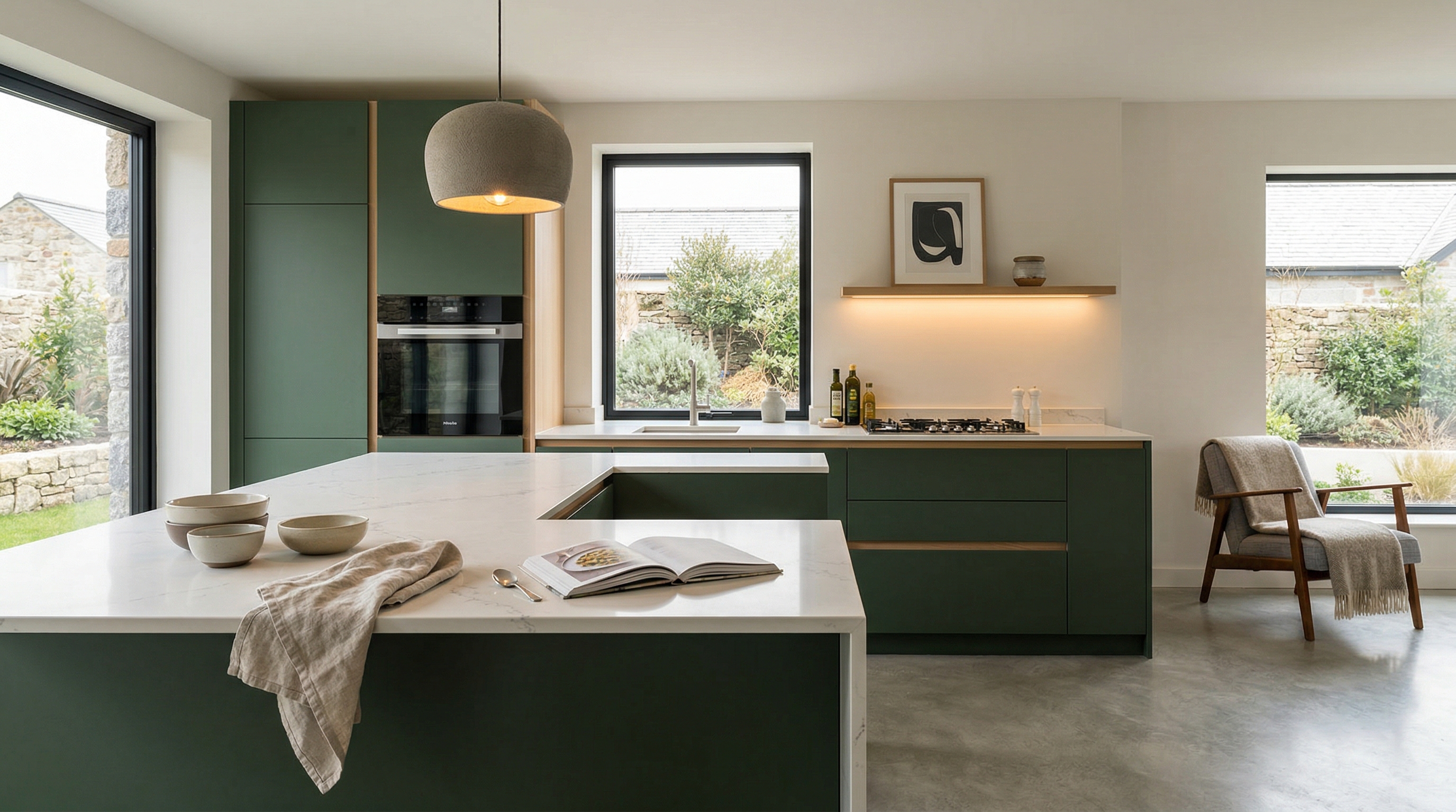 Mastercraft bespoke kitchen in Camborne, wide architectural view showing room volume and design quality