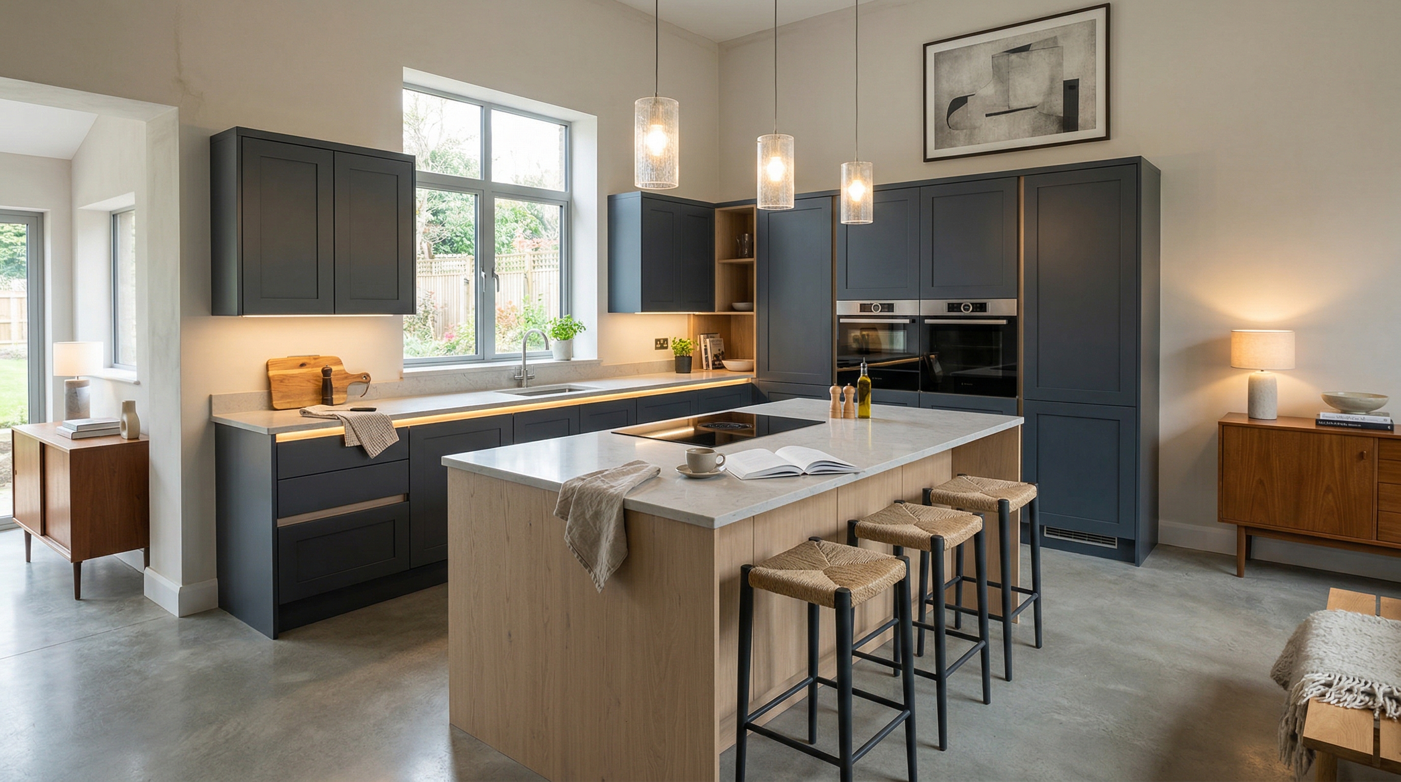 hero_1200x675 Wide view of a newly completed bespoke Mastercraft kitchen, modern shaker cabinetry in viridian tones