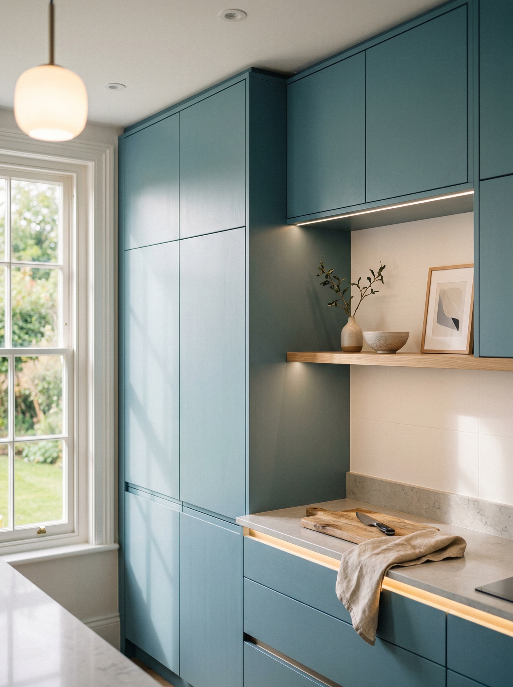 Tall view of full-height bespoke kitchen cabinetry, modern shaker cabinetry