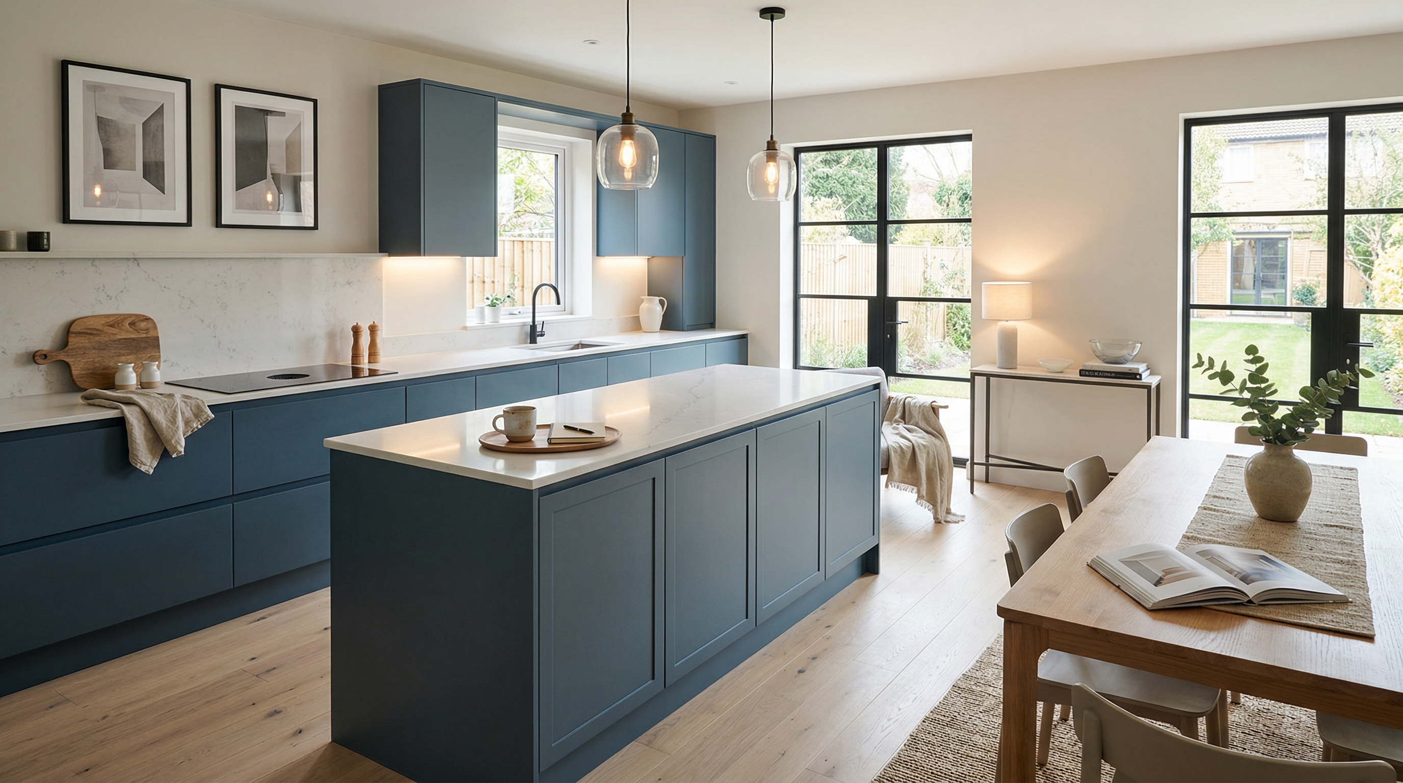 Mastercraft bespoke kitchen in Cambridge, wide architectural view showing room volume and design quality