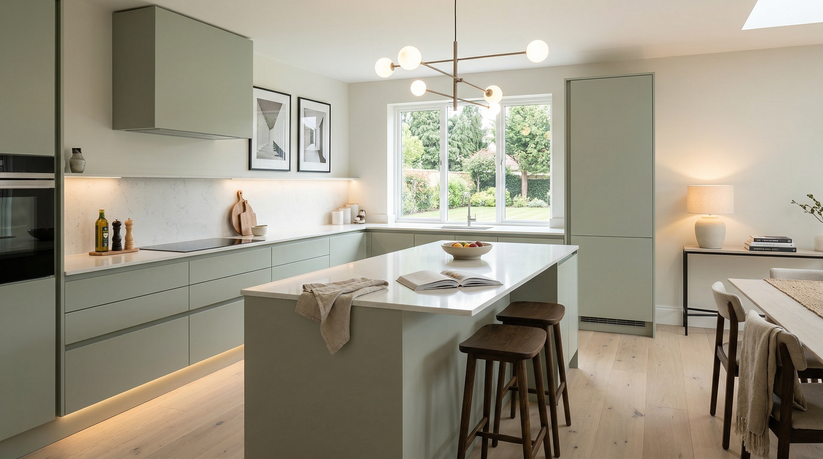 hero_1200x675 Wide view of a newly completed bespoke Mastercraft kitchen, timber veneer slab-door cabinetry in mussel tones