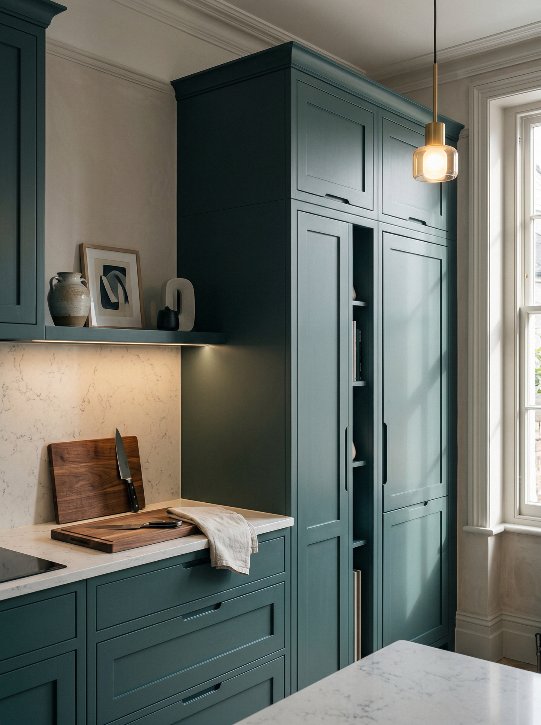 Tall view of full-height bespoke kitchen cabinetry, timber veneer slab-door cabinetry