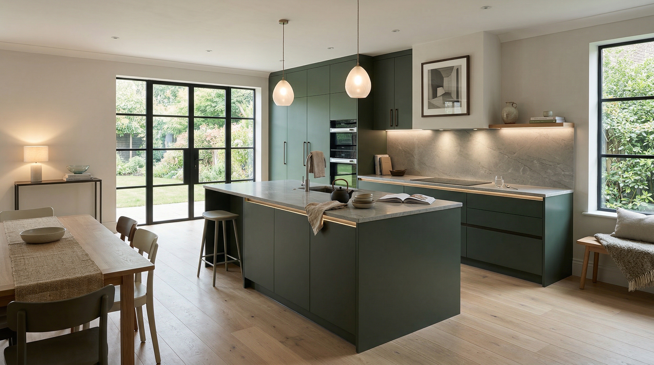 Mastercraft bespoke kitchen in Cardiff, wide architectural view showing room volume and design quality