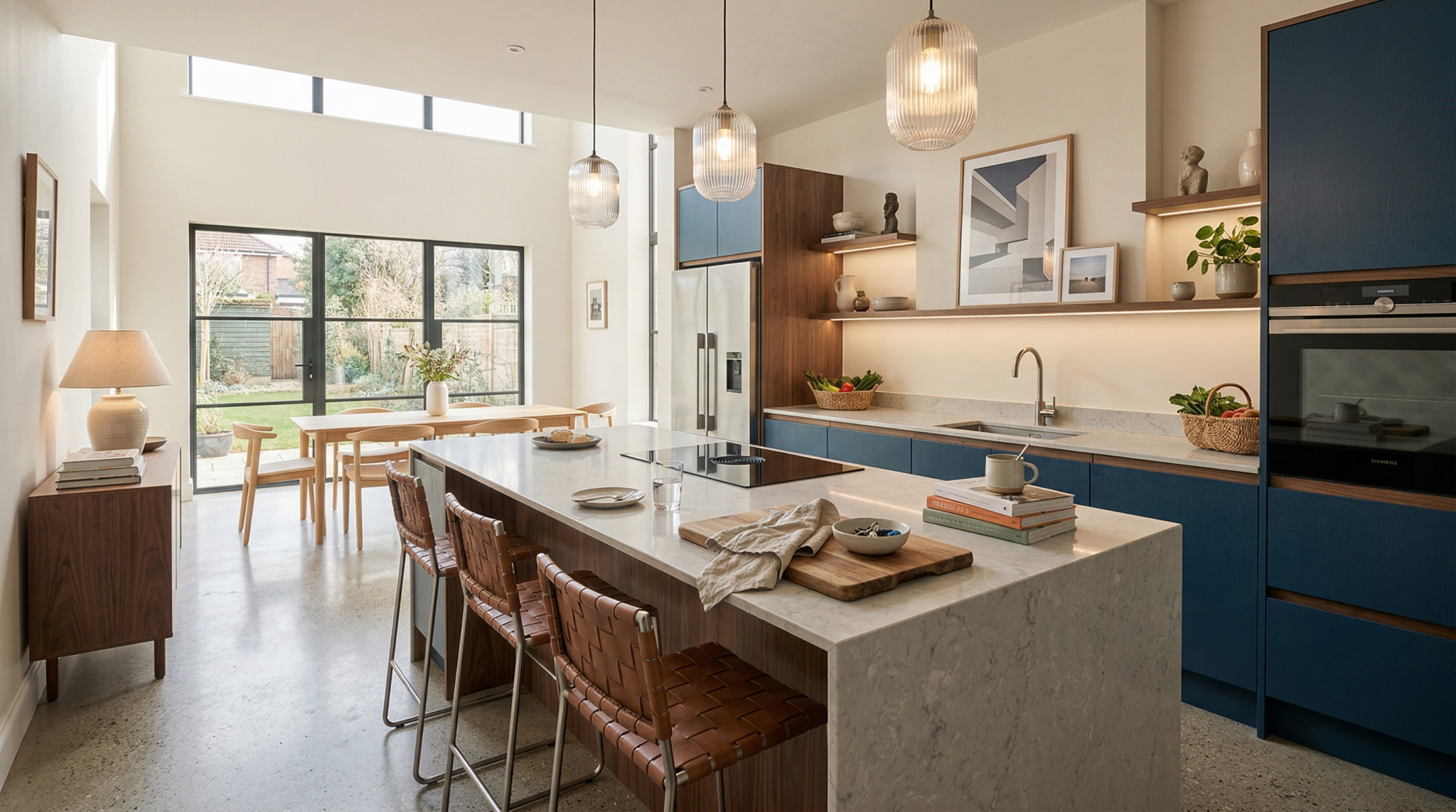 Wide view of a newly completed bespoke Mastercraft kitchen, contemporary painted lay-on cabinetry in mussel tones