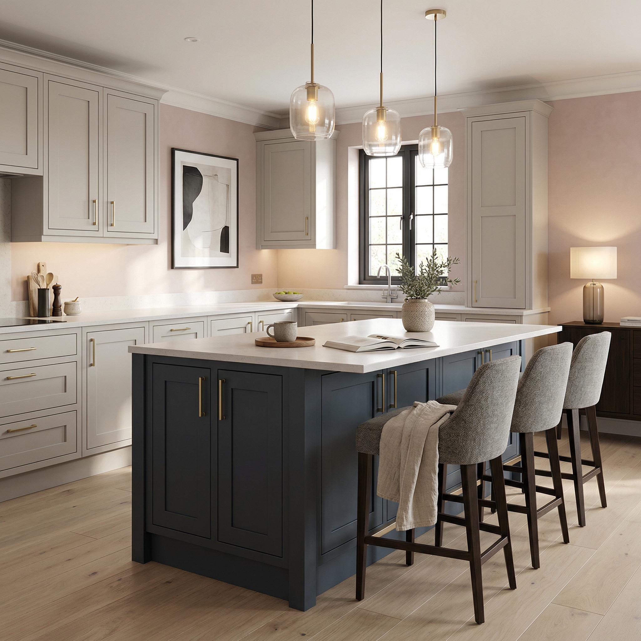 Bespoke kitchen island detail, contemporary painted lay-on cabinetry with quality joinery