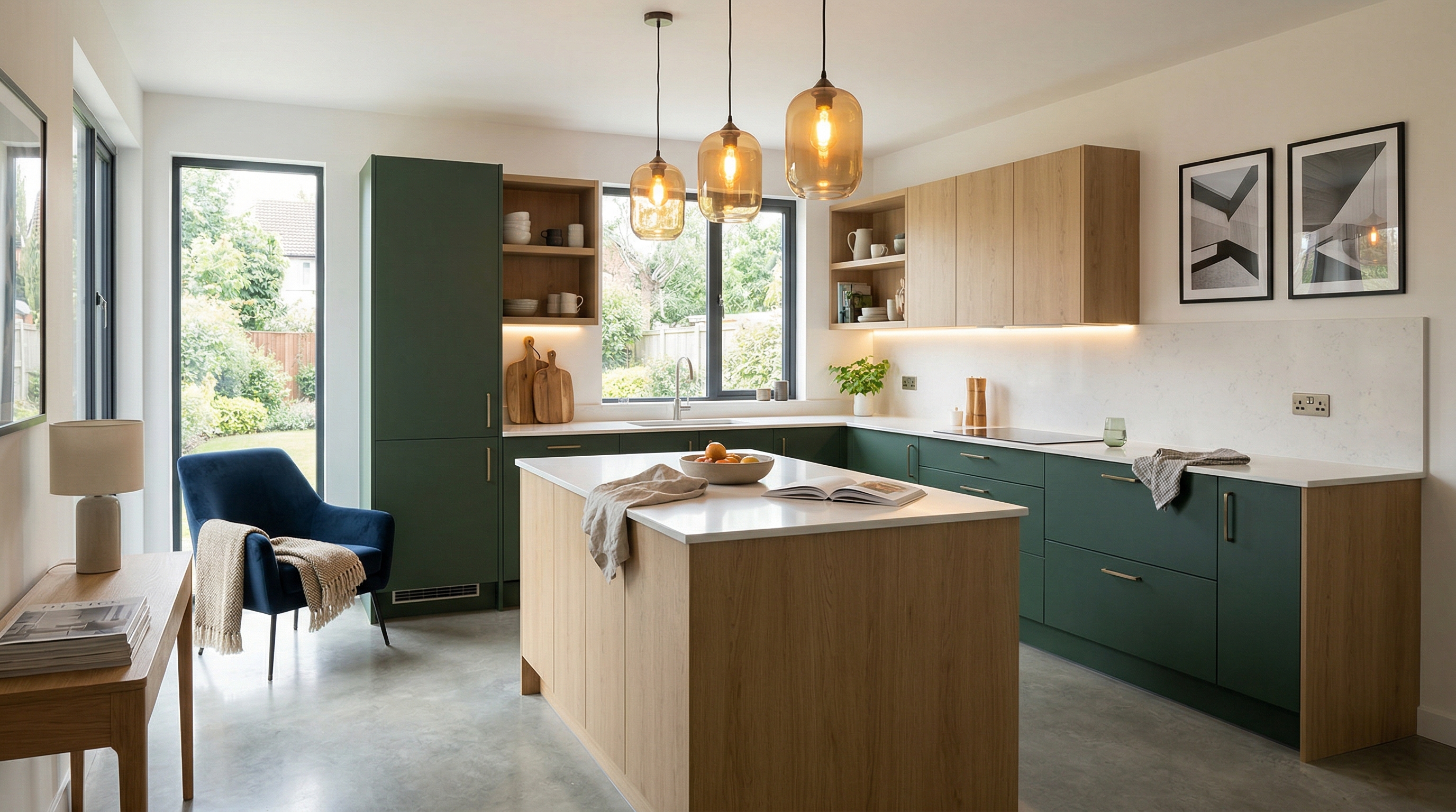 Mastercraft bespoke kitchen in Cardigan, wide architectural view showing room volume and design quality