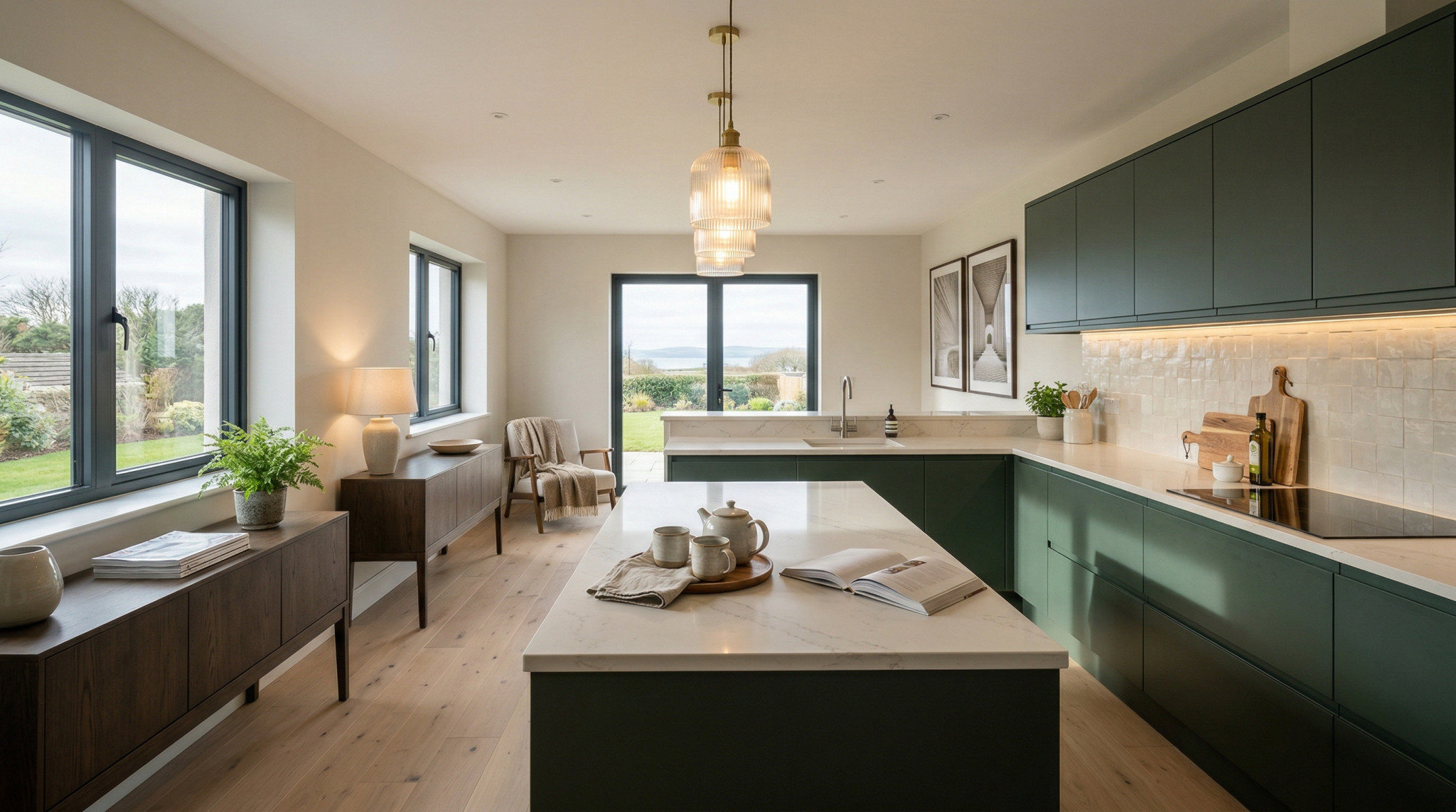 Wide view of a newly completed bespoke Mastercraft kitchen, timber veneer slab-door cabinetry in heritage green tones