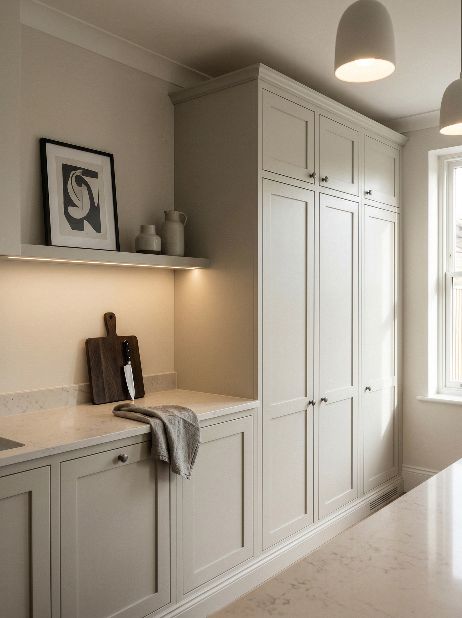Tall view of full-height bespoke kitchen cabinetry, timber veneer slab-door cabinetry