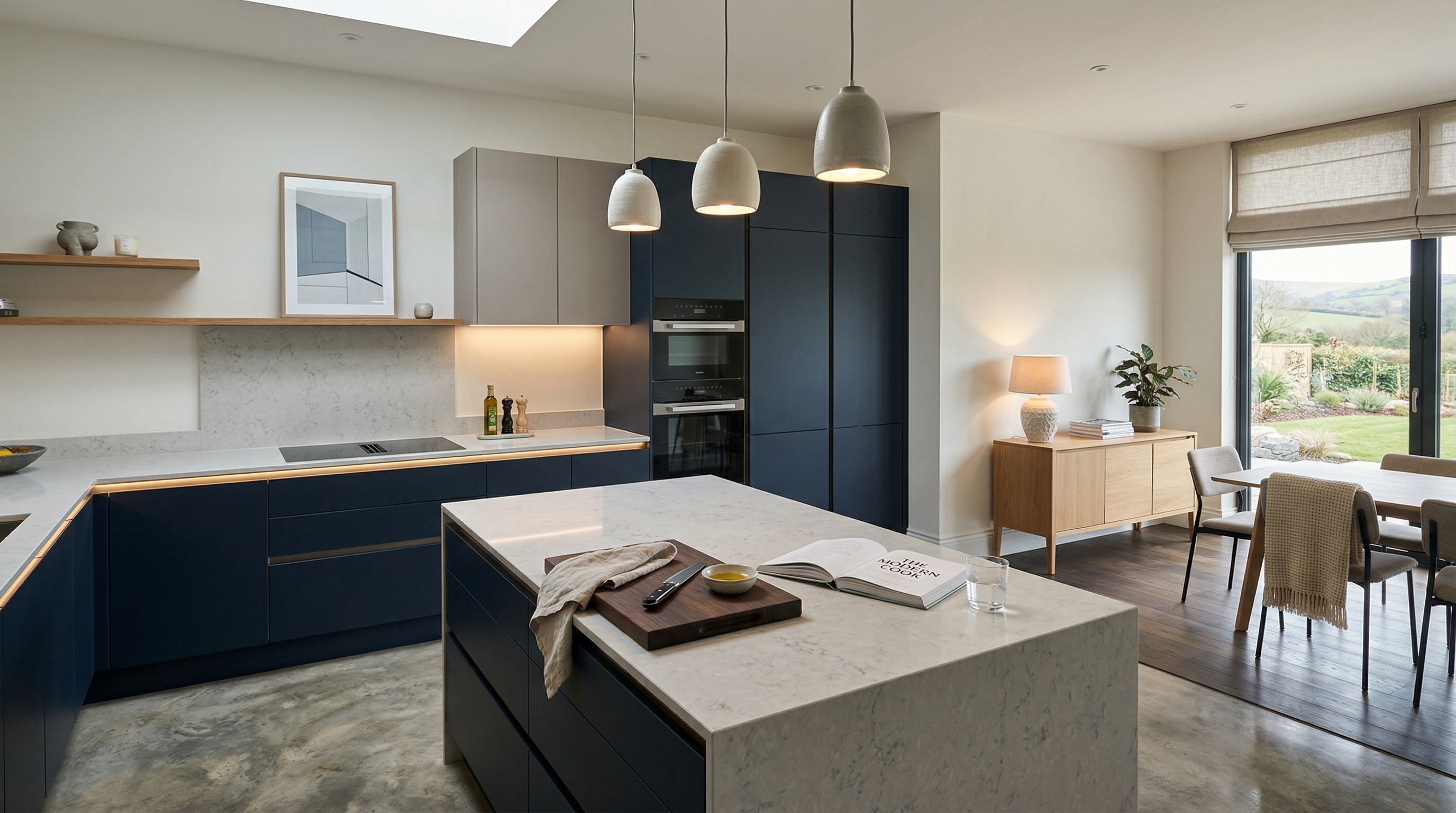 Mastercraft bespoke kitchen in Carmarthen, wide architectural view showing room volume and design quality