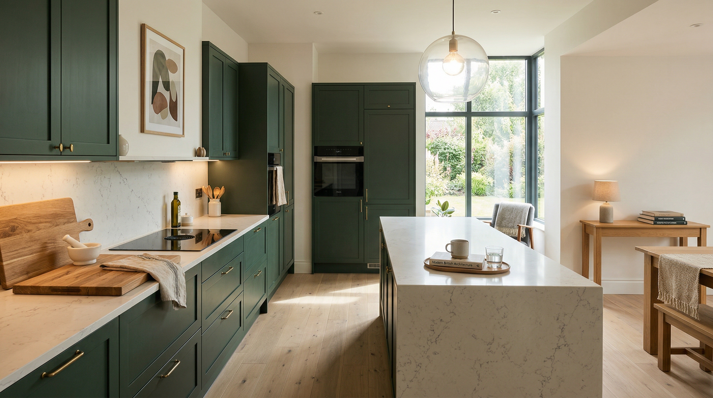 hero_1200x675 Wide view of a newly completed bespoke Mastercraft kitchen, contemporary in-frame cabinetry in taupe grey tones