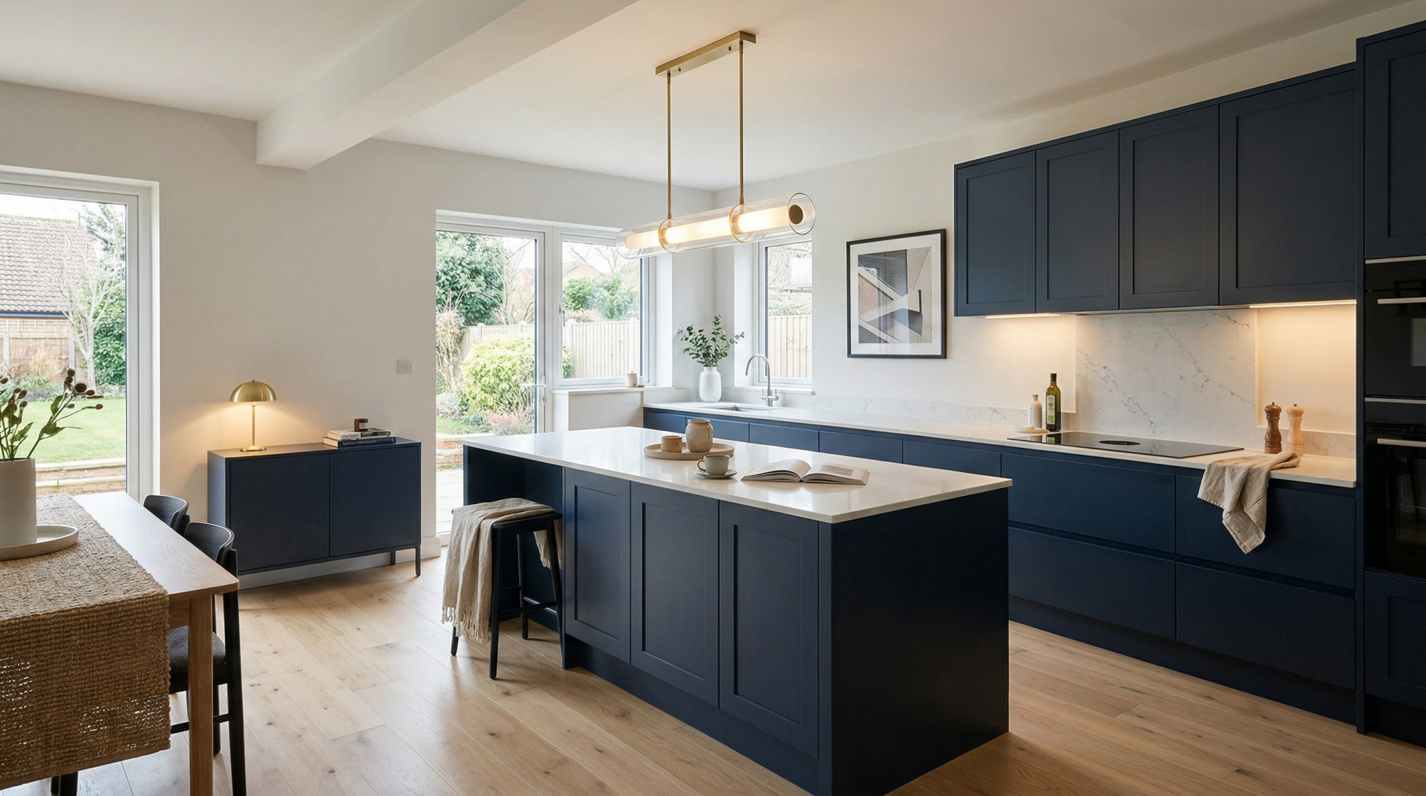 Wide view of a newly completed bespoke Mastercraft kitchen, modern shaker cabinetry in light grey tones