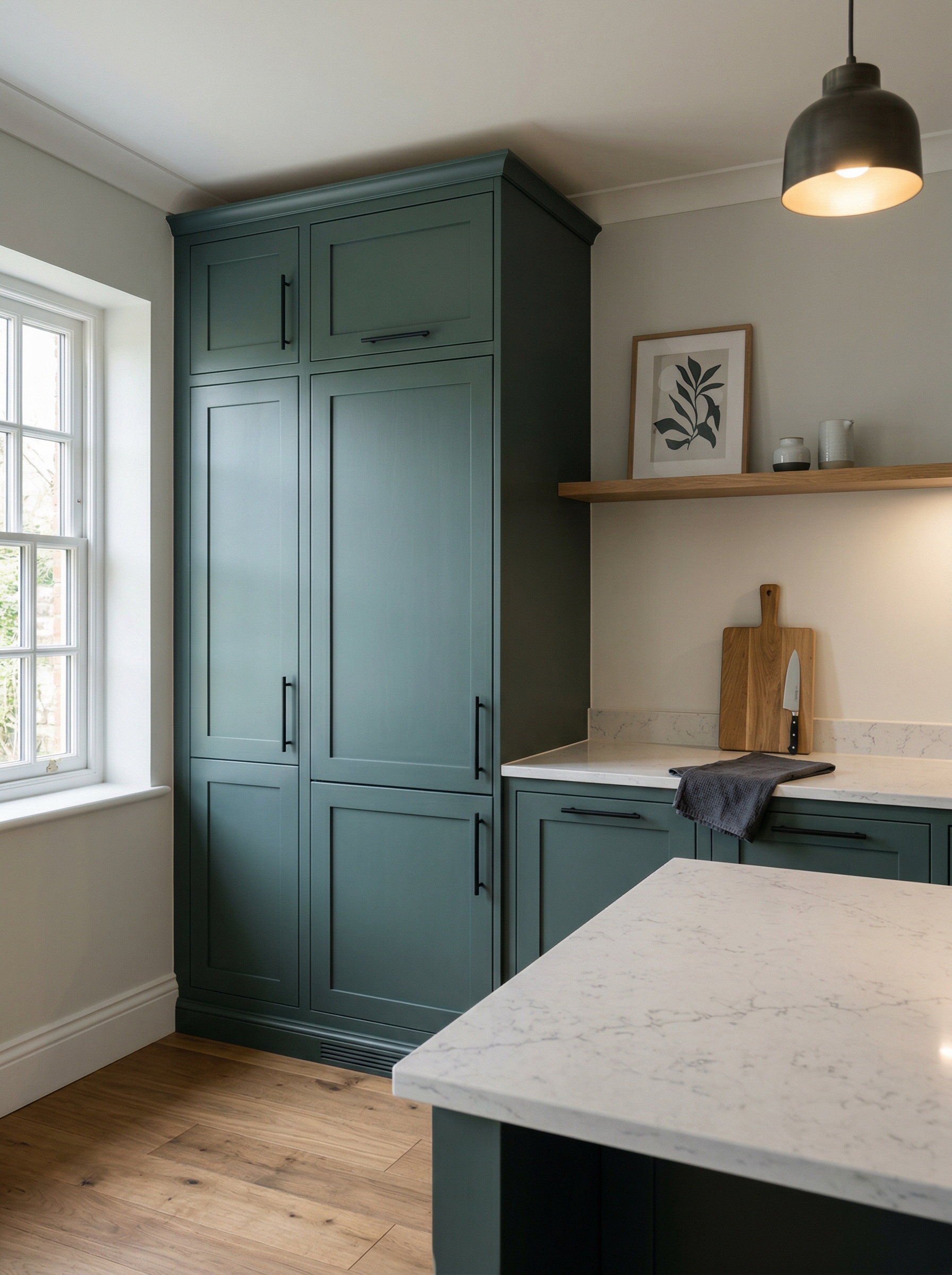 Tall view of full-height bespoke kitchen cabinetry, modern shaker cabinetry