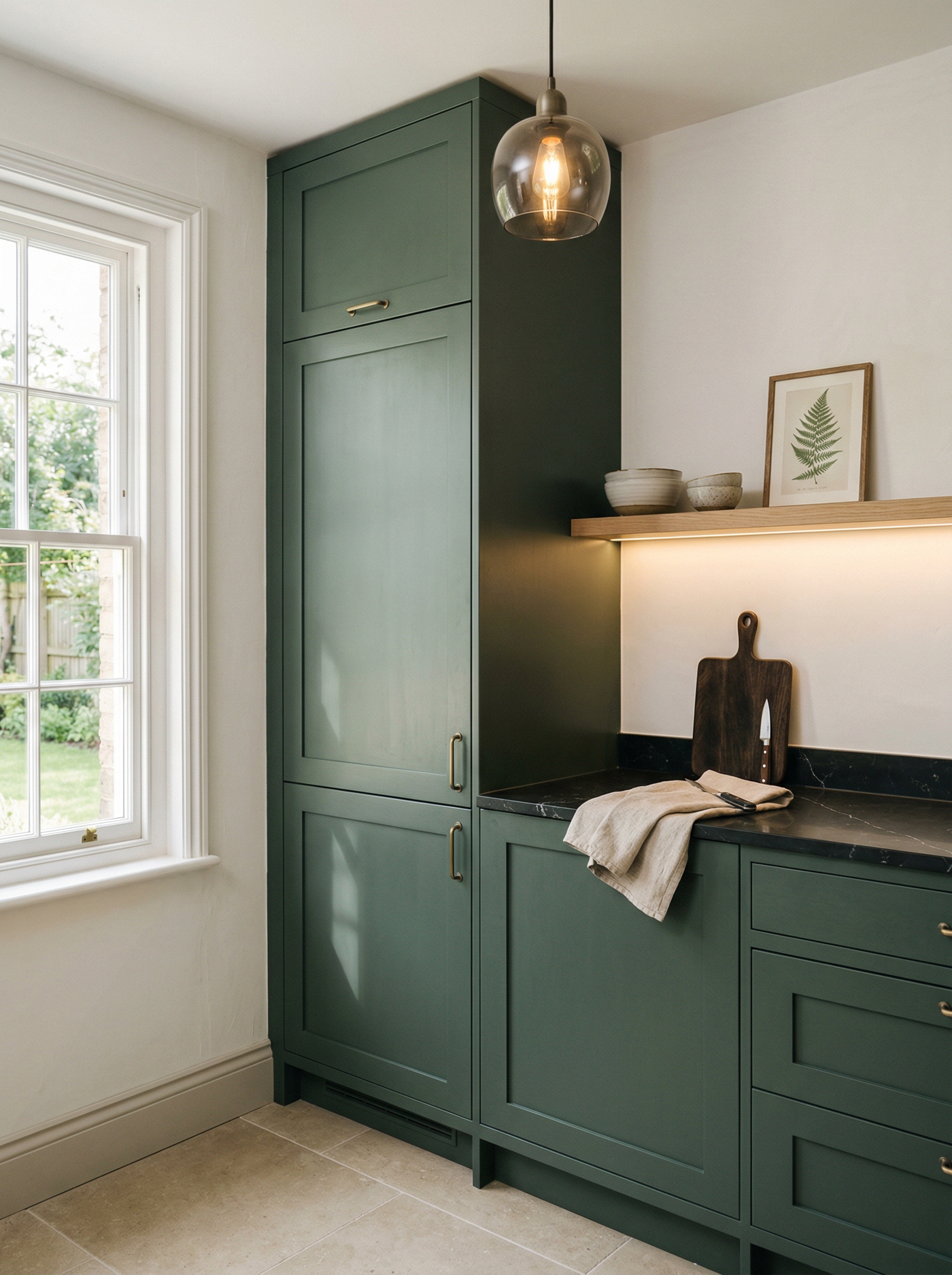 Tall view of full-height bespoke kitchen cabinetry, modern shaker cabinetry