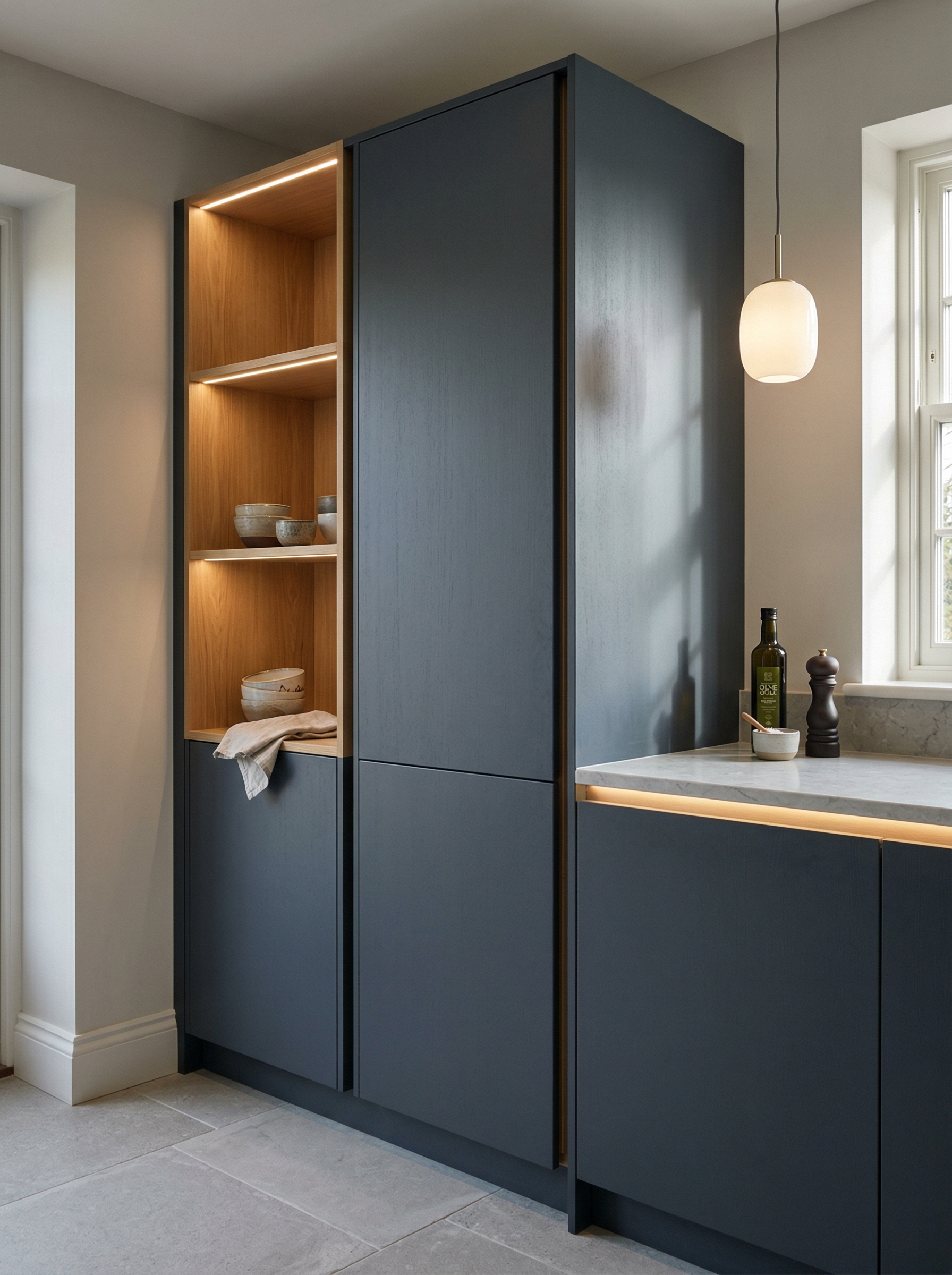 Bespoke kitchen installation, full-height cabinetry and considered storage design