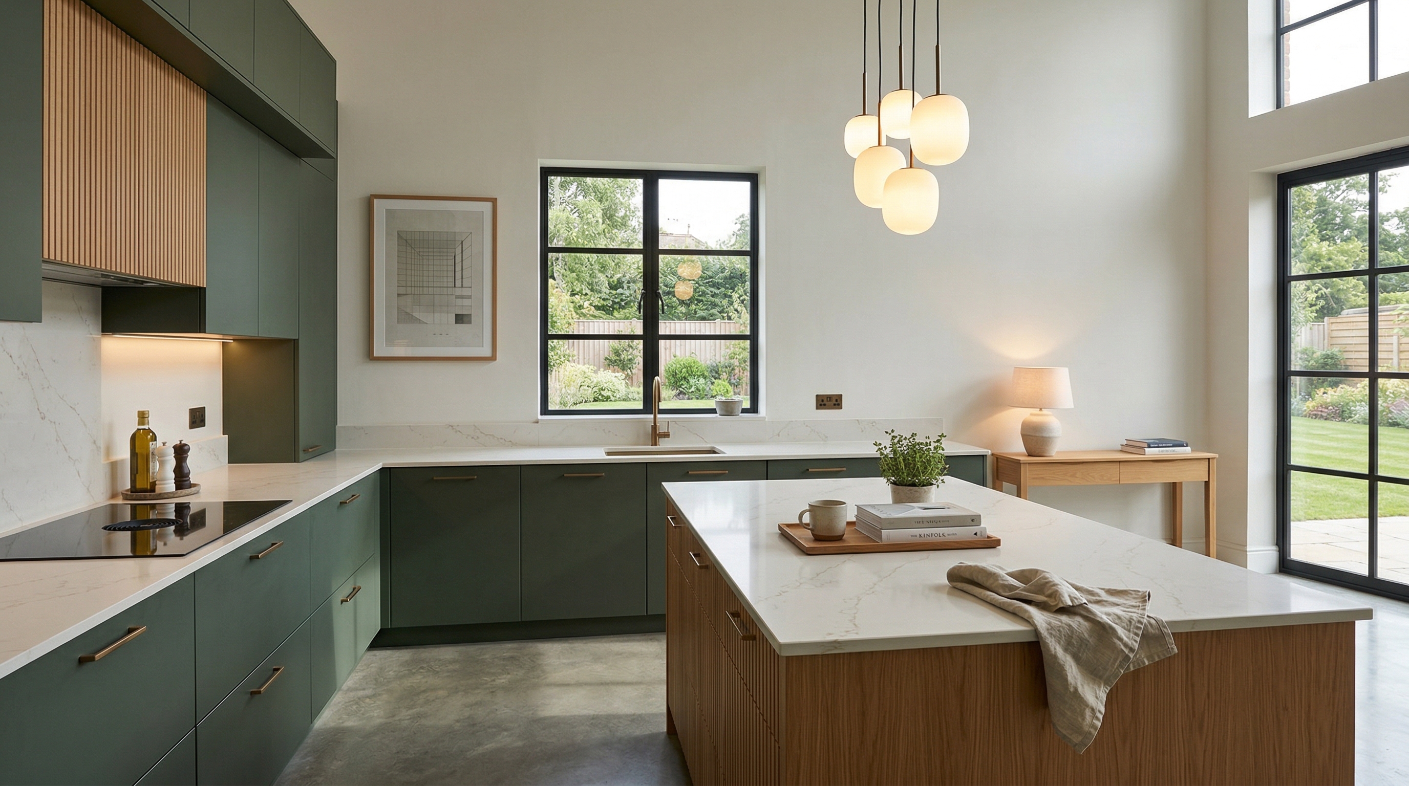 Wide view of a newly completed bespoke Mastercraft kitchen, contemporary in-frame cabinetry in willow tones