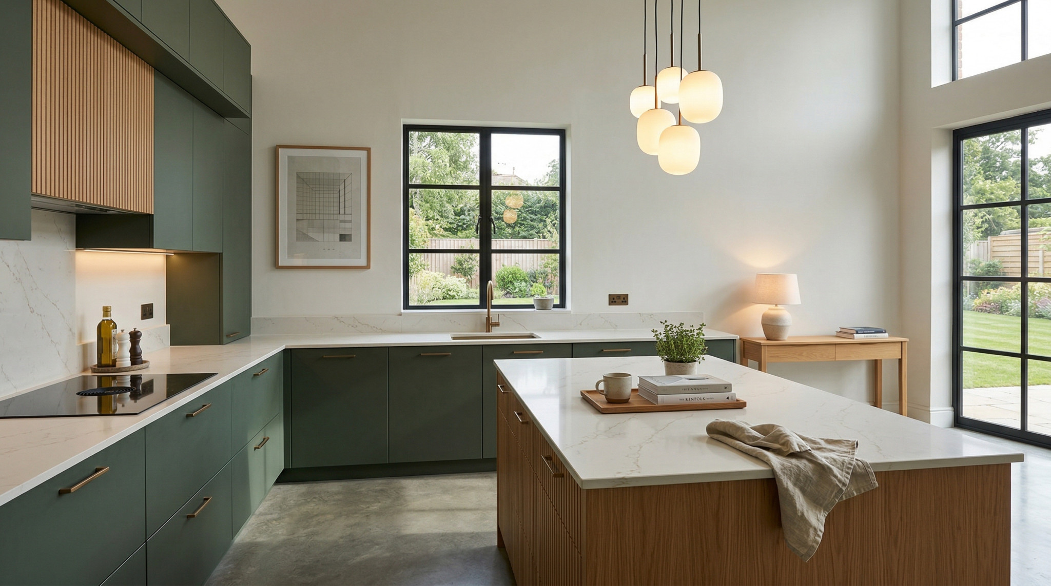 Wide view of a newly completed bespoke Mastercraft kitchen, contemporary in-frame cabinetry in willow tones