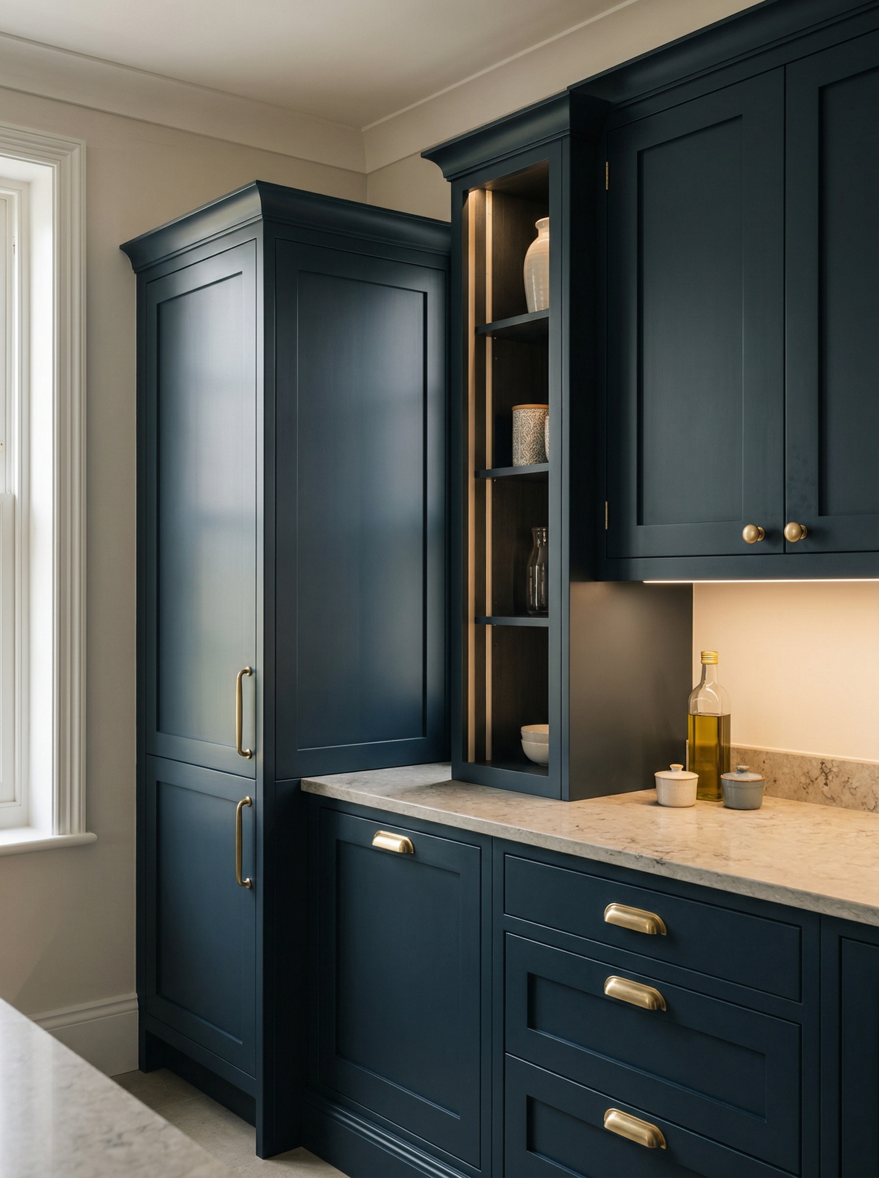 Bespoke kitchen installation, full-height cabinetry and considered storage design