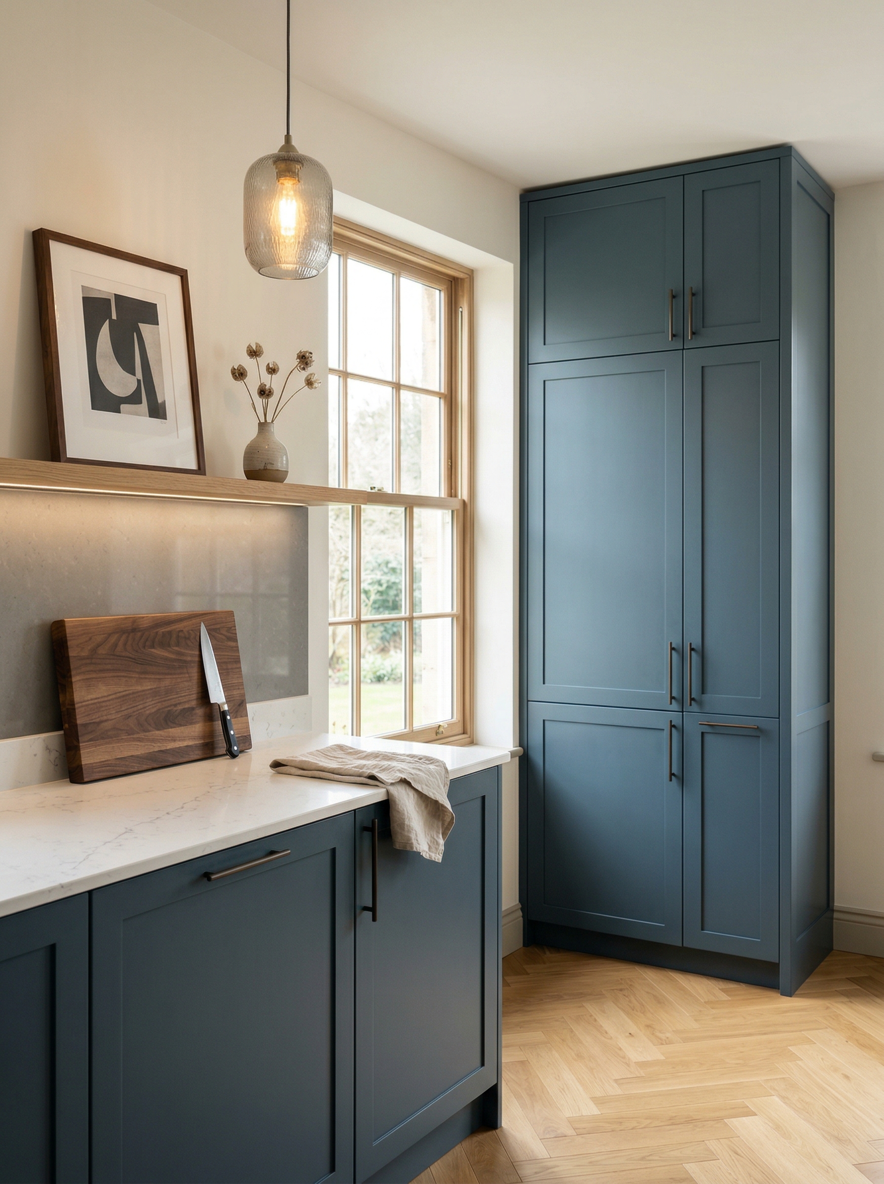 portrait1_600x800 Tall view of full-height bespoke kitchen cabinetry, matt painted handleless slab cabinetry