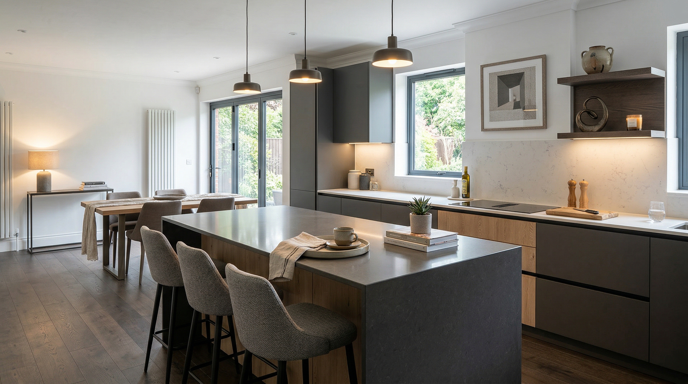 Mastercraft bespoke kitchen in Chislehurst, wide architectural view showing room volume and design quality