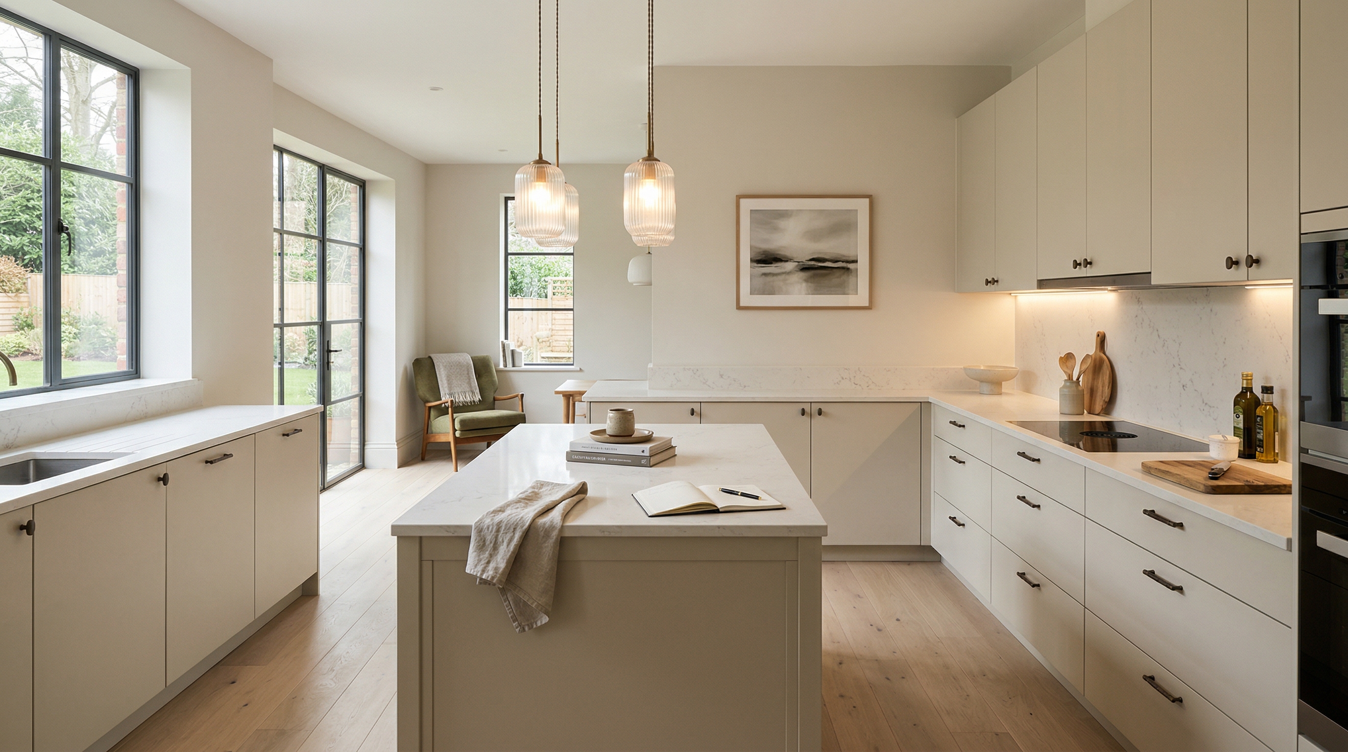hero_1200x675 Wide view of a newly completed bespoke Mastercraft kitchen, timber veneer slab-door cabinetry in cashmere tones